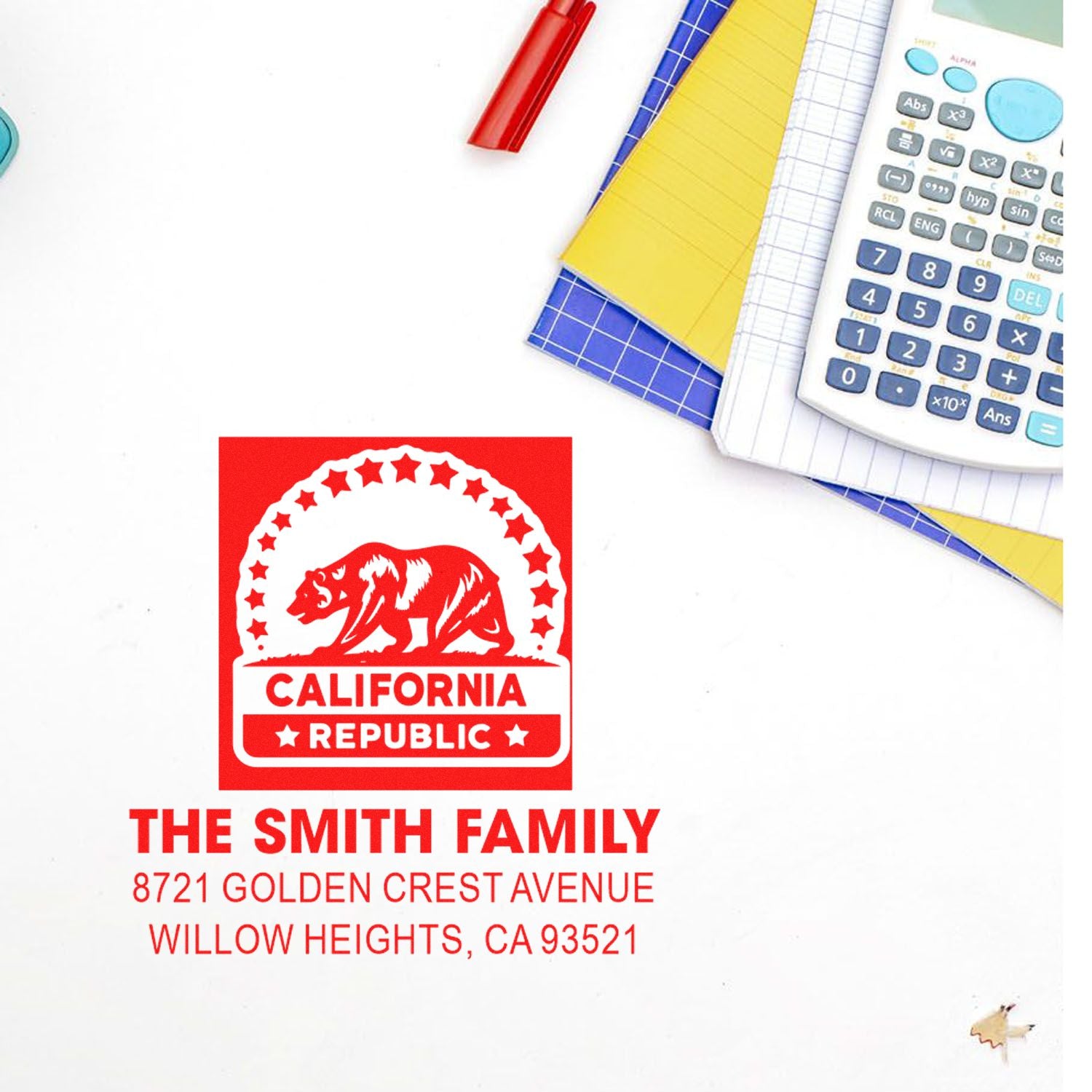 Custom California Republic rubber stamp with family name and return address for personalized mailing.