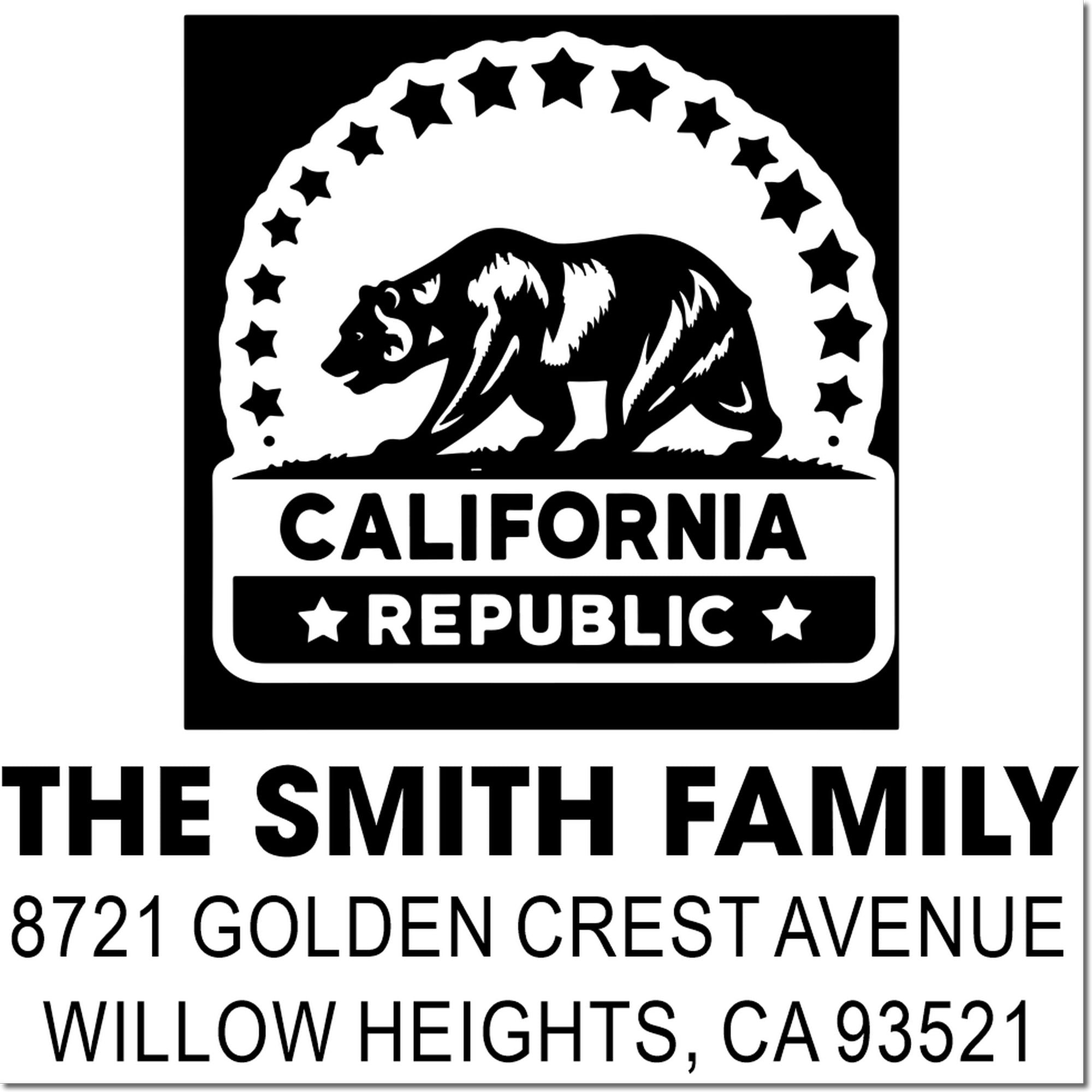 California Republic bear custom rubber address stamp for The Smith Family, Willow Heights, CA 93521.