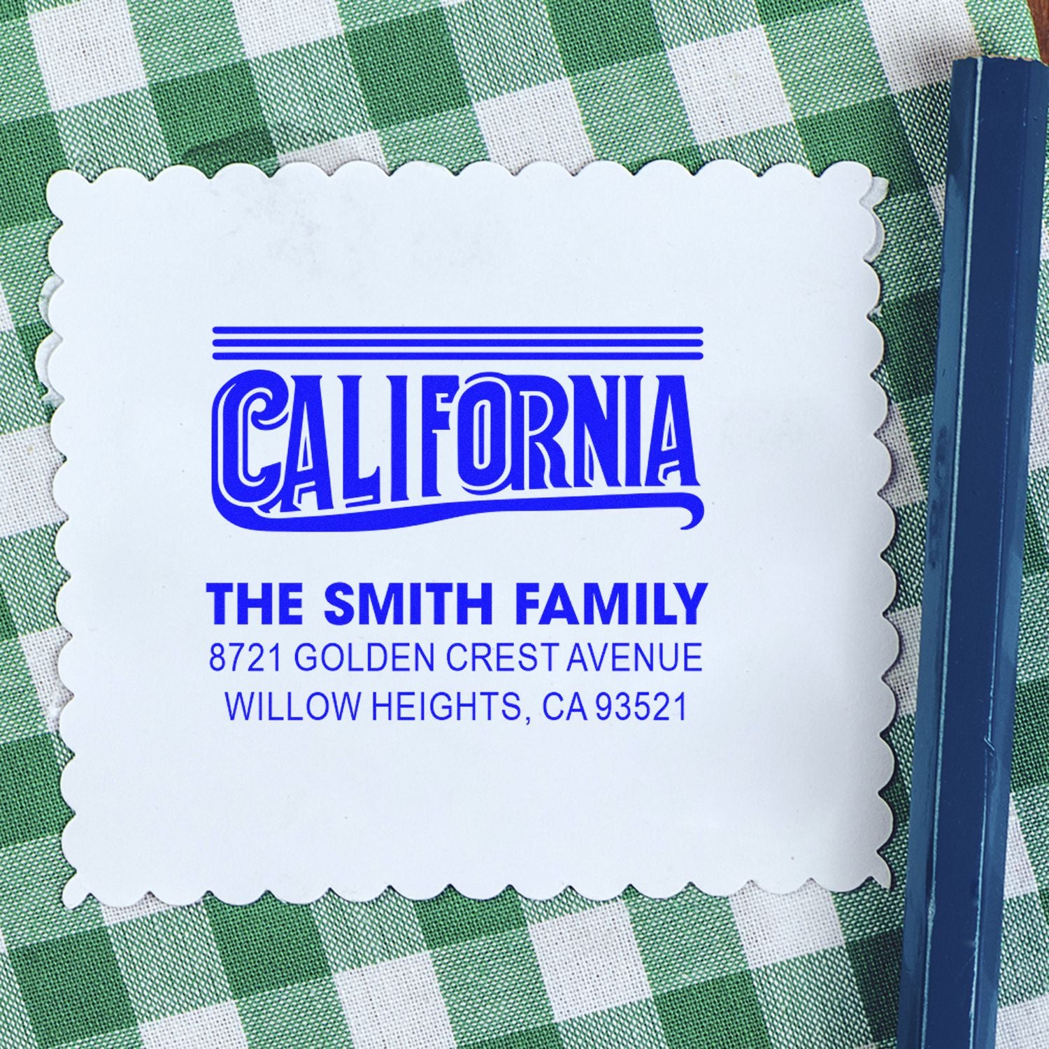 Personalized California return address rubber stamp for The Smith Family, with custom name and address.
