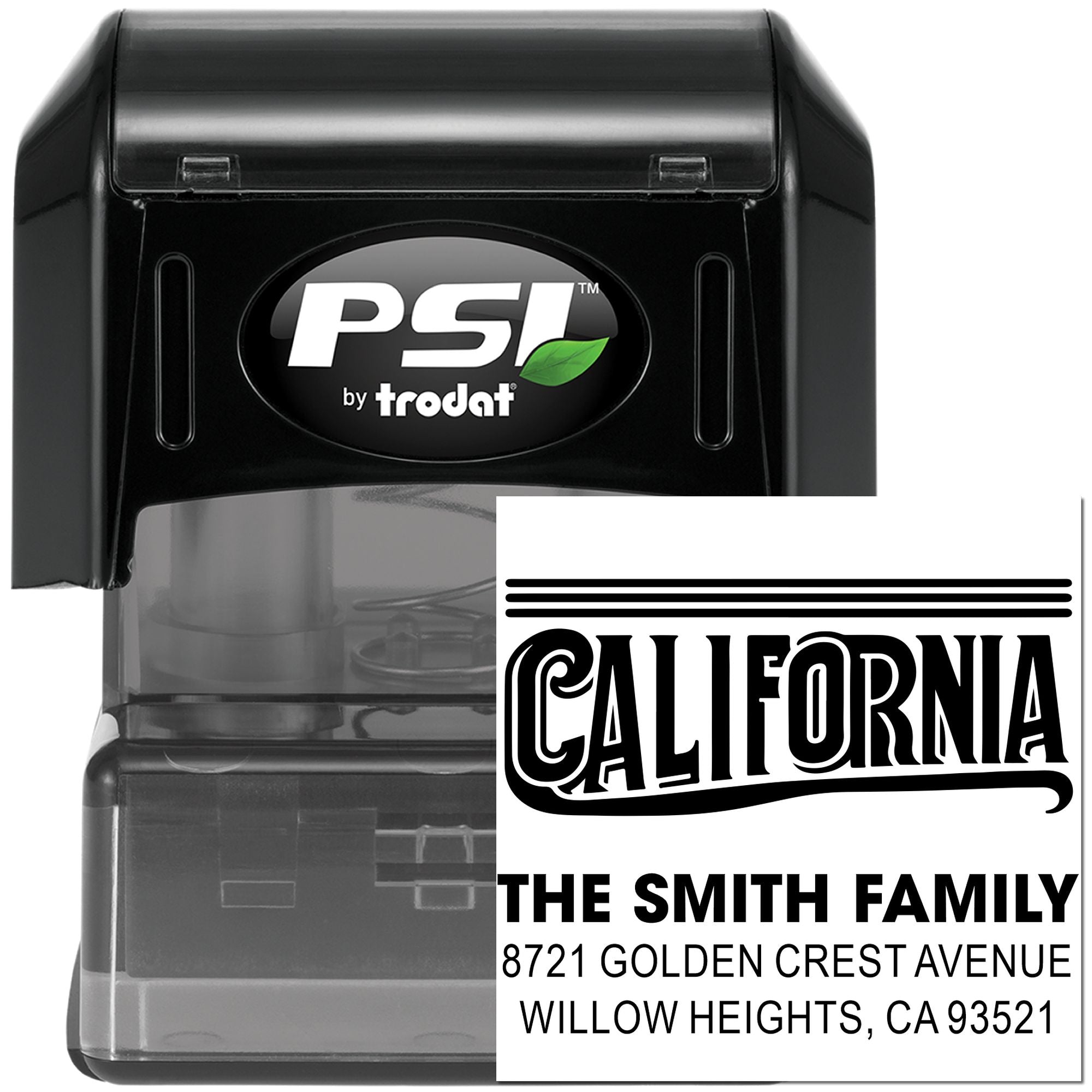 PSI by Trodat self-inking personalized address rubber stamp with California return address for family mailings
