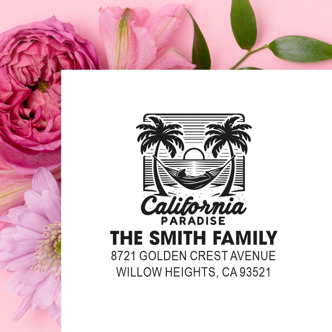 Custom California Paradise return address rubber stamp for The Smith Family with Willow Heights, CA address.