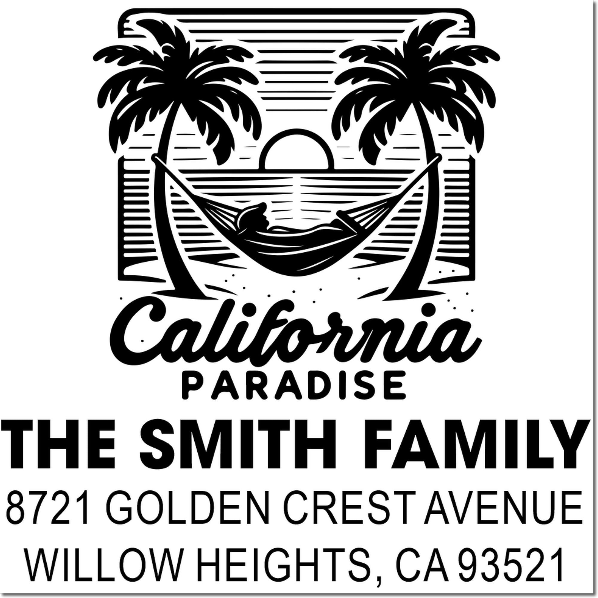 Custom address rubber stamp with California Paradise palm design for The Smith Family, Willow Heights, CA 93521.