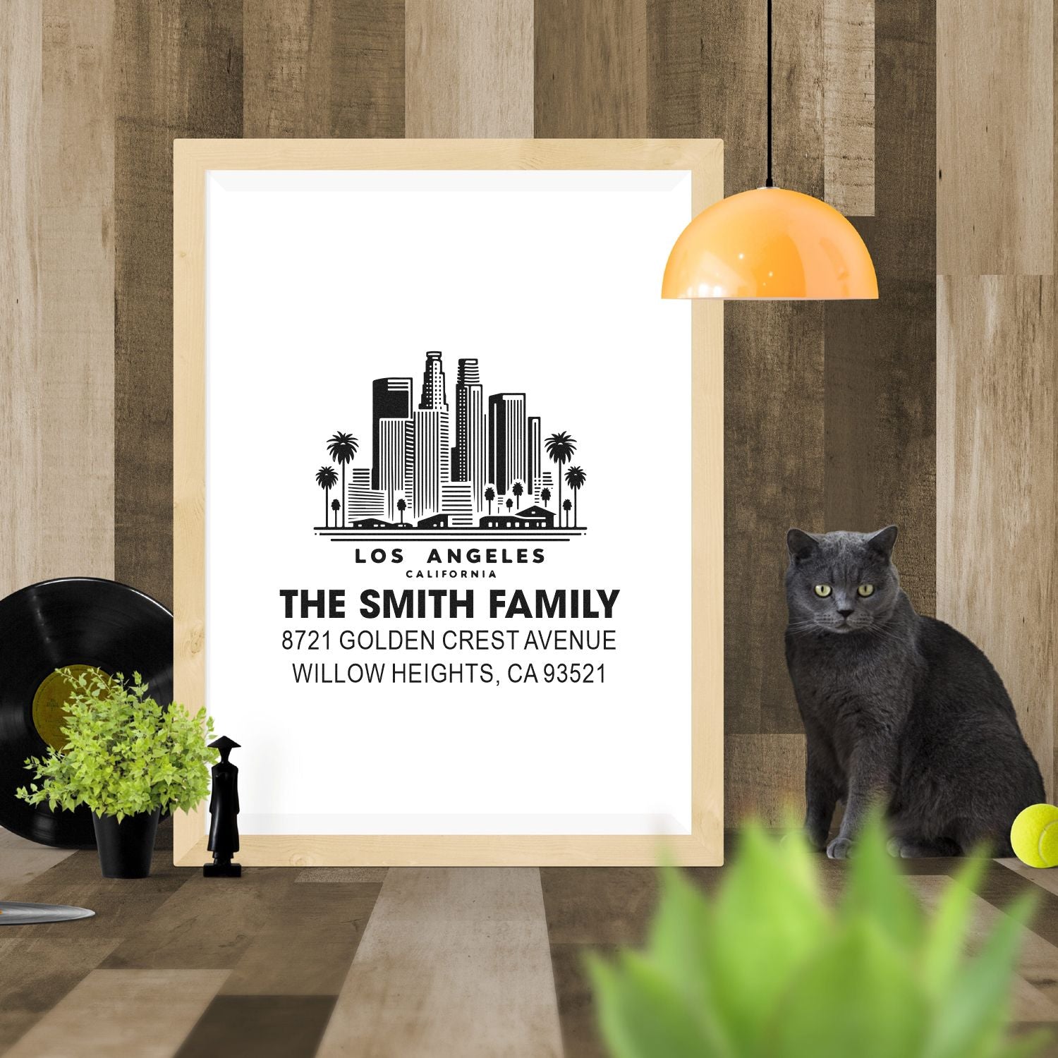 Personalized Los Angeles address rubber stamp design featuring skyline, The Smith Family, and Willow Heights, CA.
