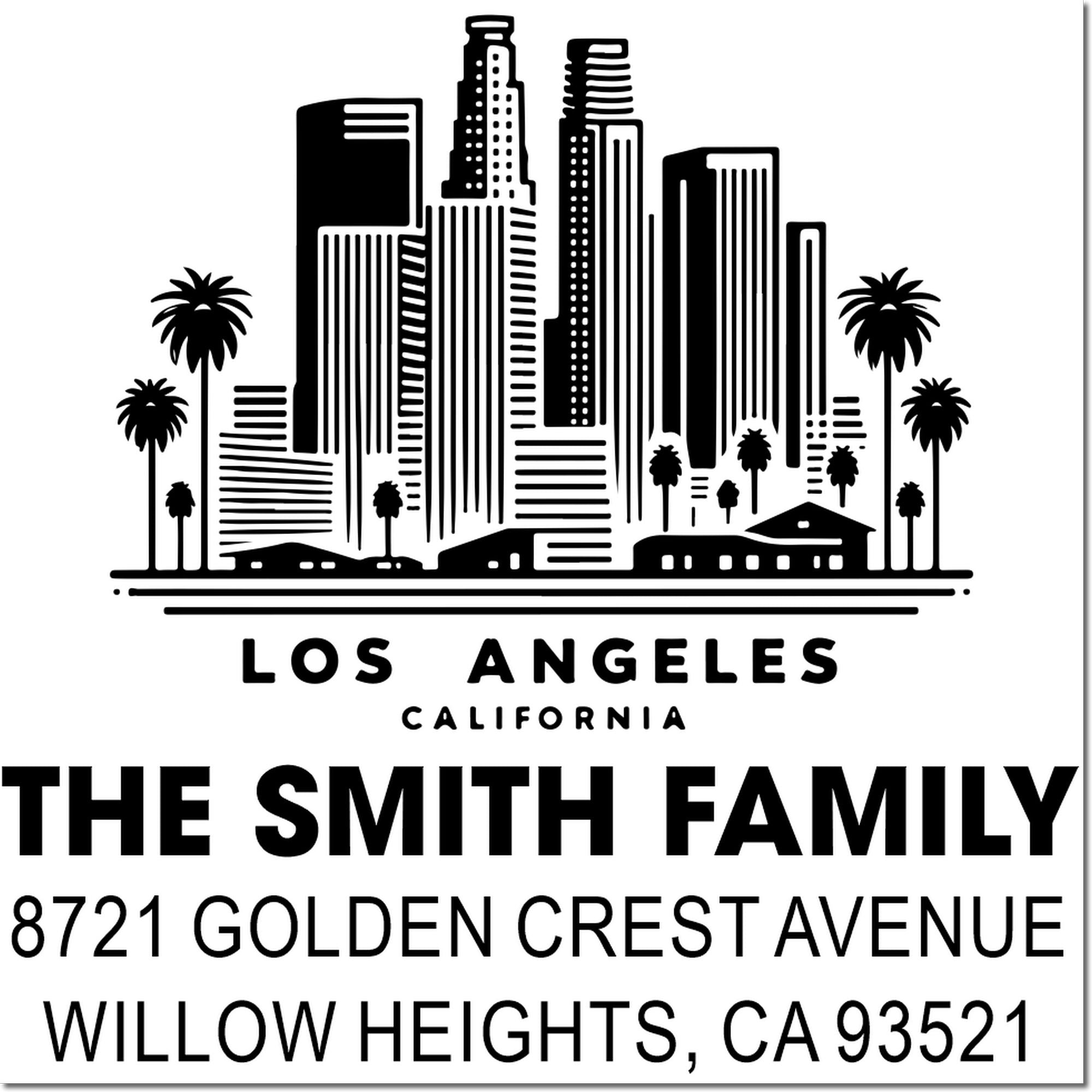 Los Angeles skyline custom address rubber stamp for The Smith Family, Willow Heights, CA 93521