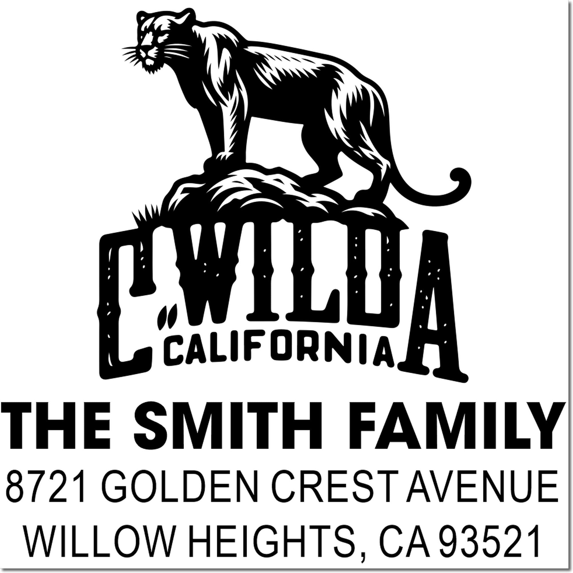 Custom return address rubber stamp with California panther design for The Smith Family, Willow Heights, CA 93521.