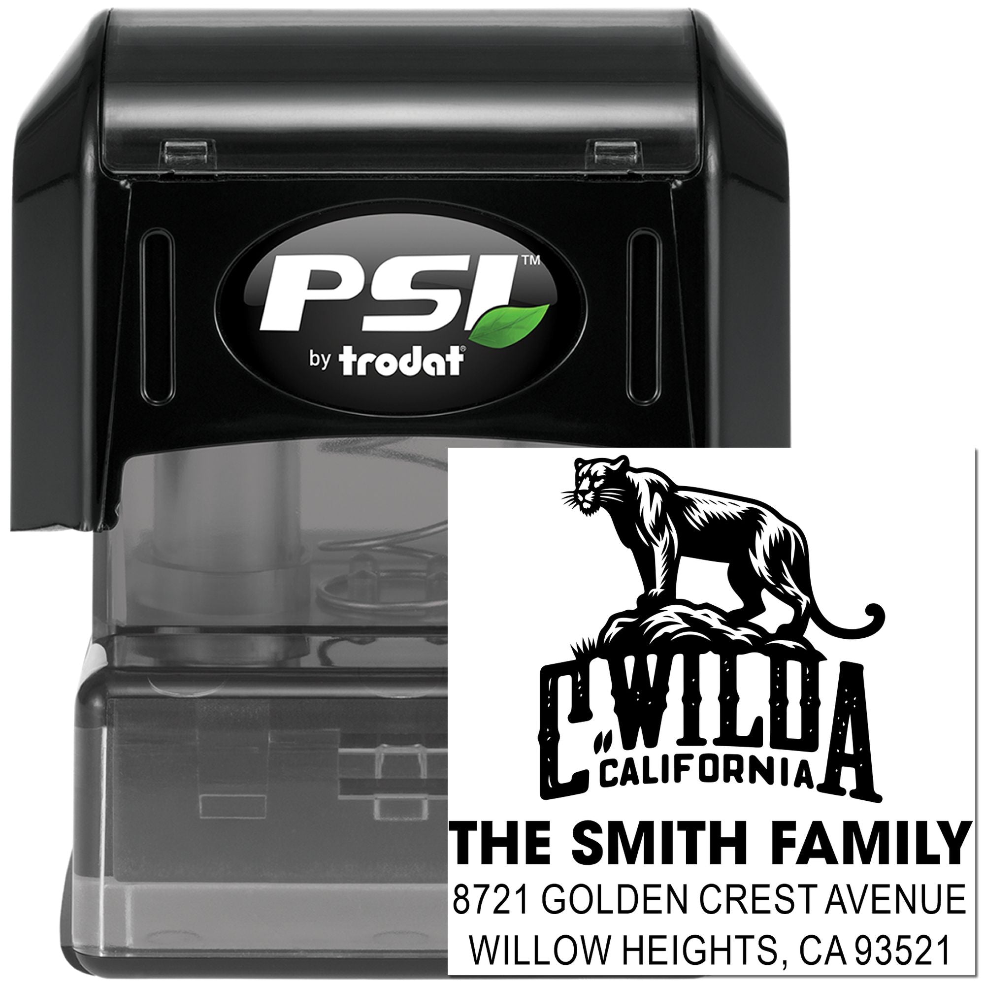 Custom self-inking address rubber stamp with Wilda California design and The Smith Family return address imprint.