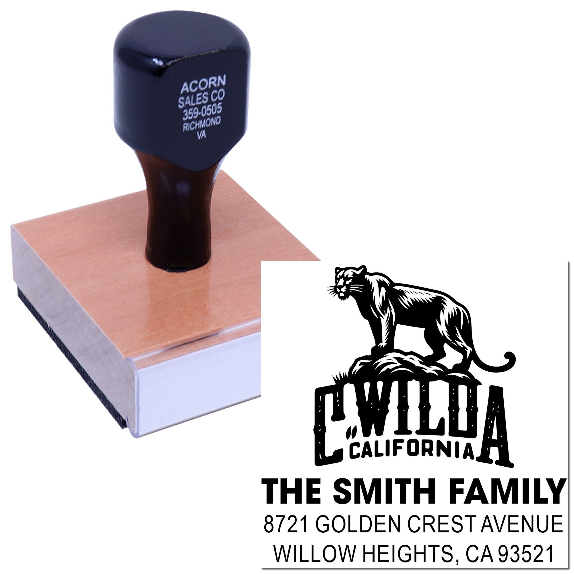 Personalized rubber address stamp with panther design for The Smith Family mailings.
