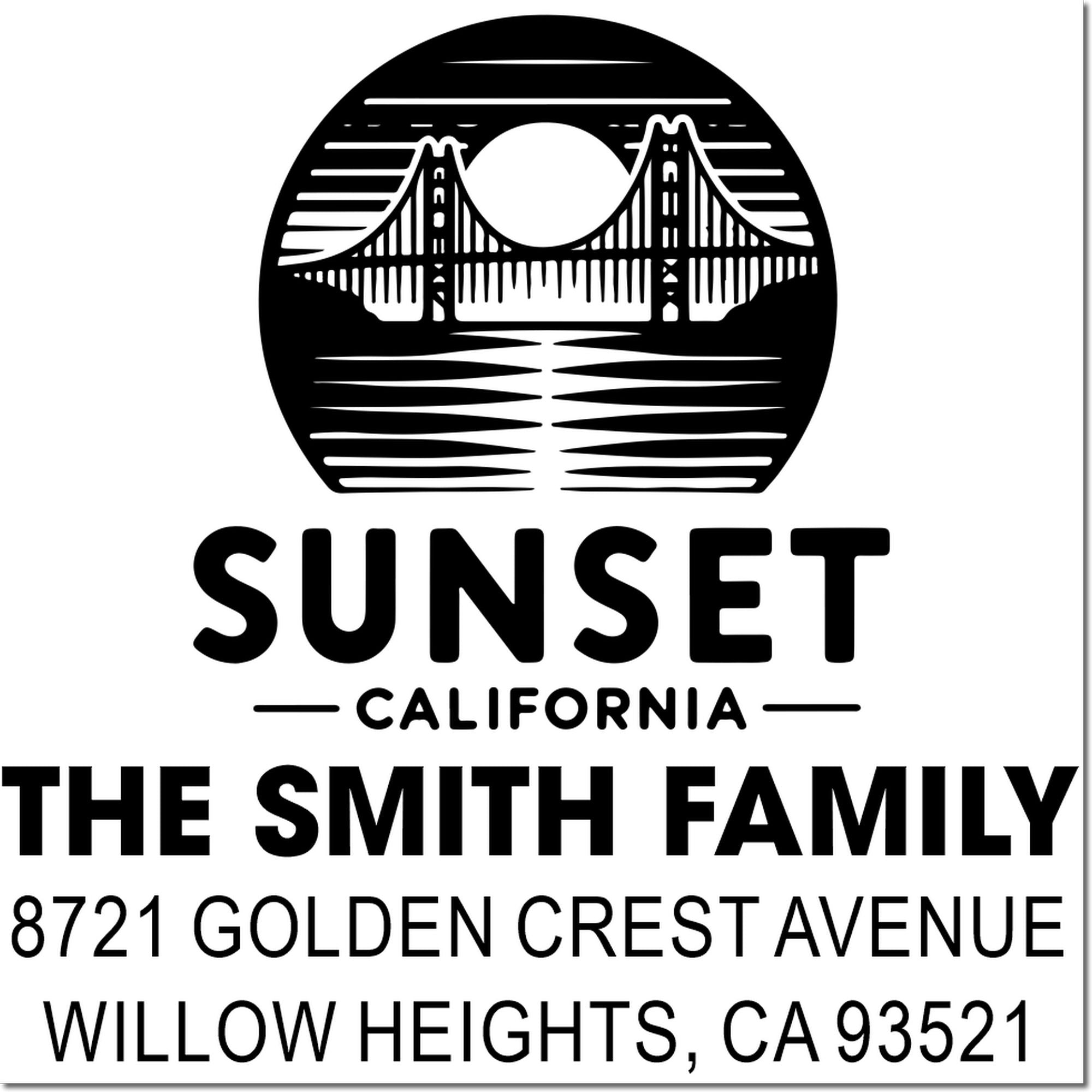 Custom personalized return address rubber stamp for The Smith Family, featuring Sunset California bridge logo and Willow Heights, CA address.