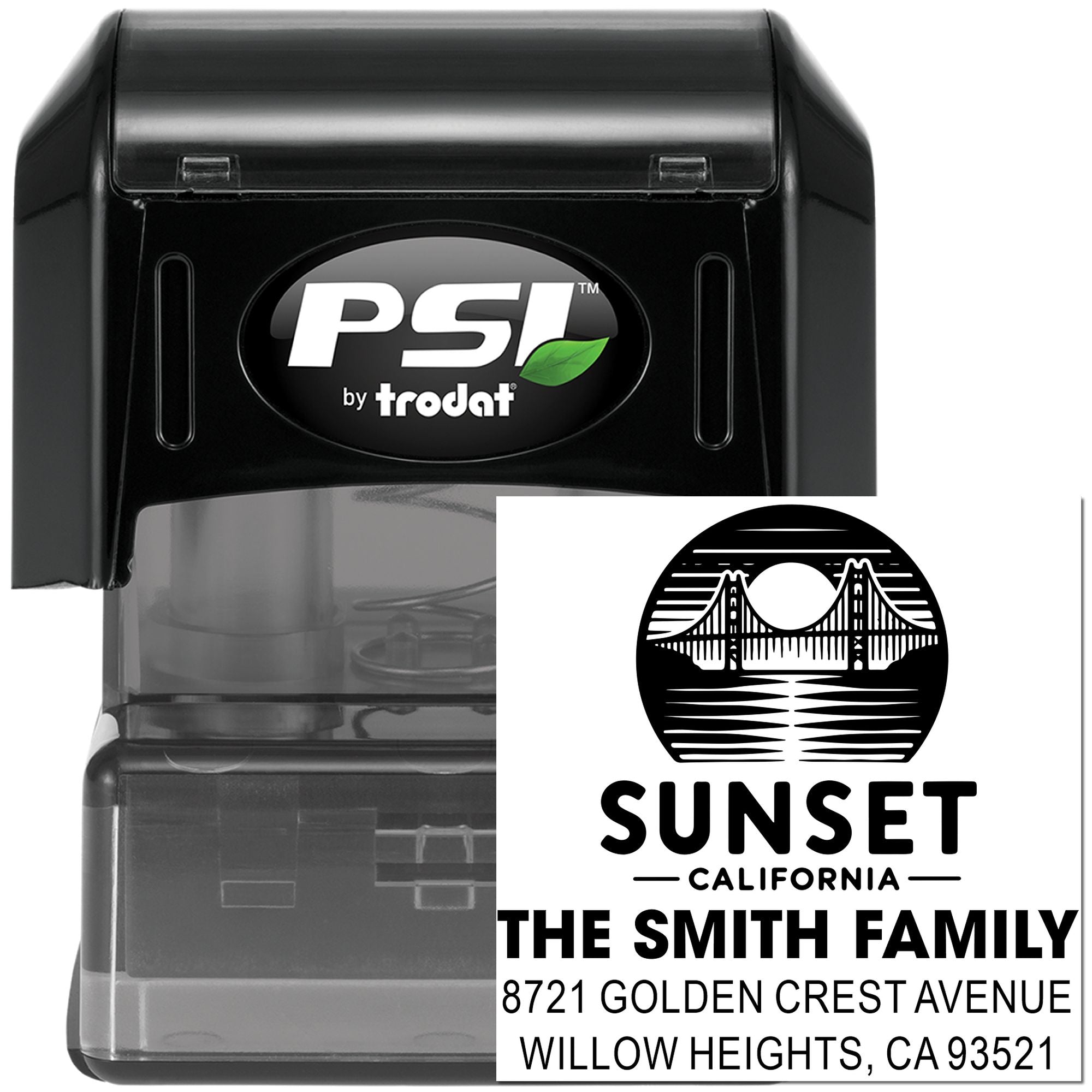 PSI by Trodat personalized self-inking rubber stamp with Sunset California return address design for mailing labels.