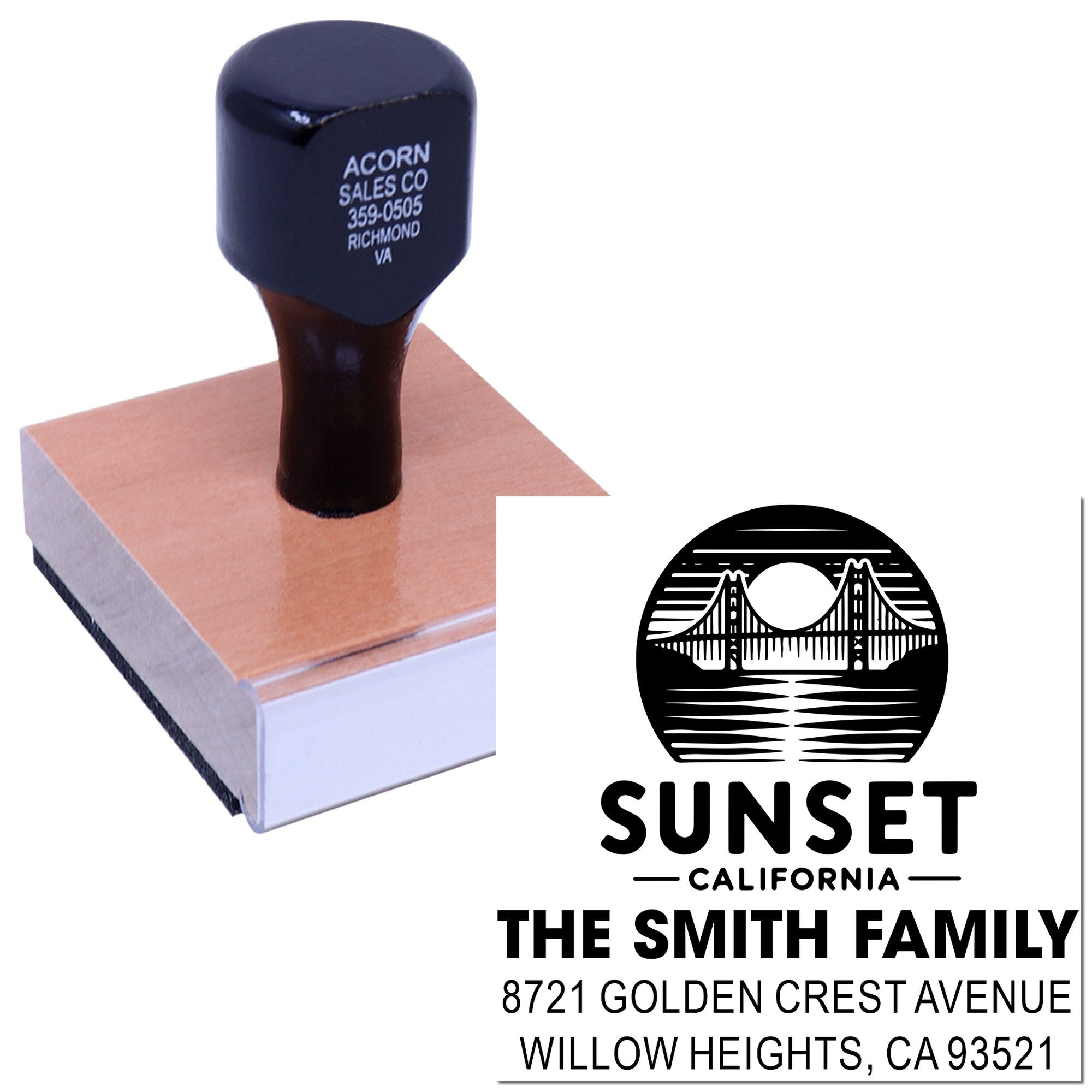 Personalized return address rubber stamp with Sunset California family address design for envelopes and mail.