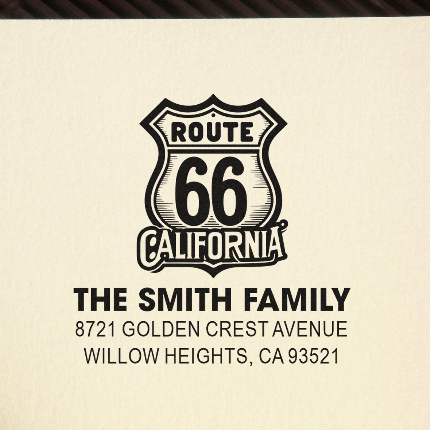 Personalized Route 66 California return address rubber stamp for The Smith Family, Willow Heights, CA.