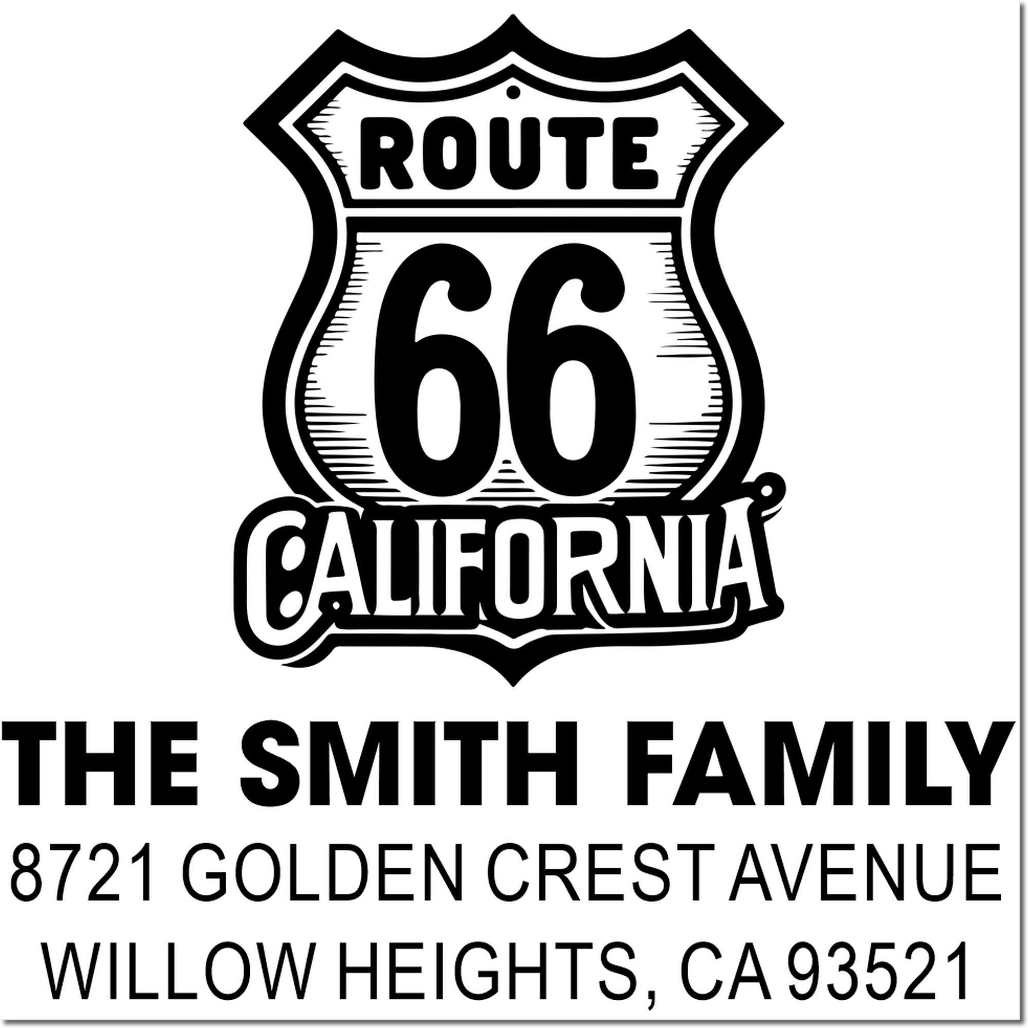 Personalized Route 66 California family address rubber stamp design with name, street address, and ZIP code.
