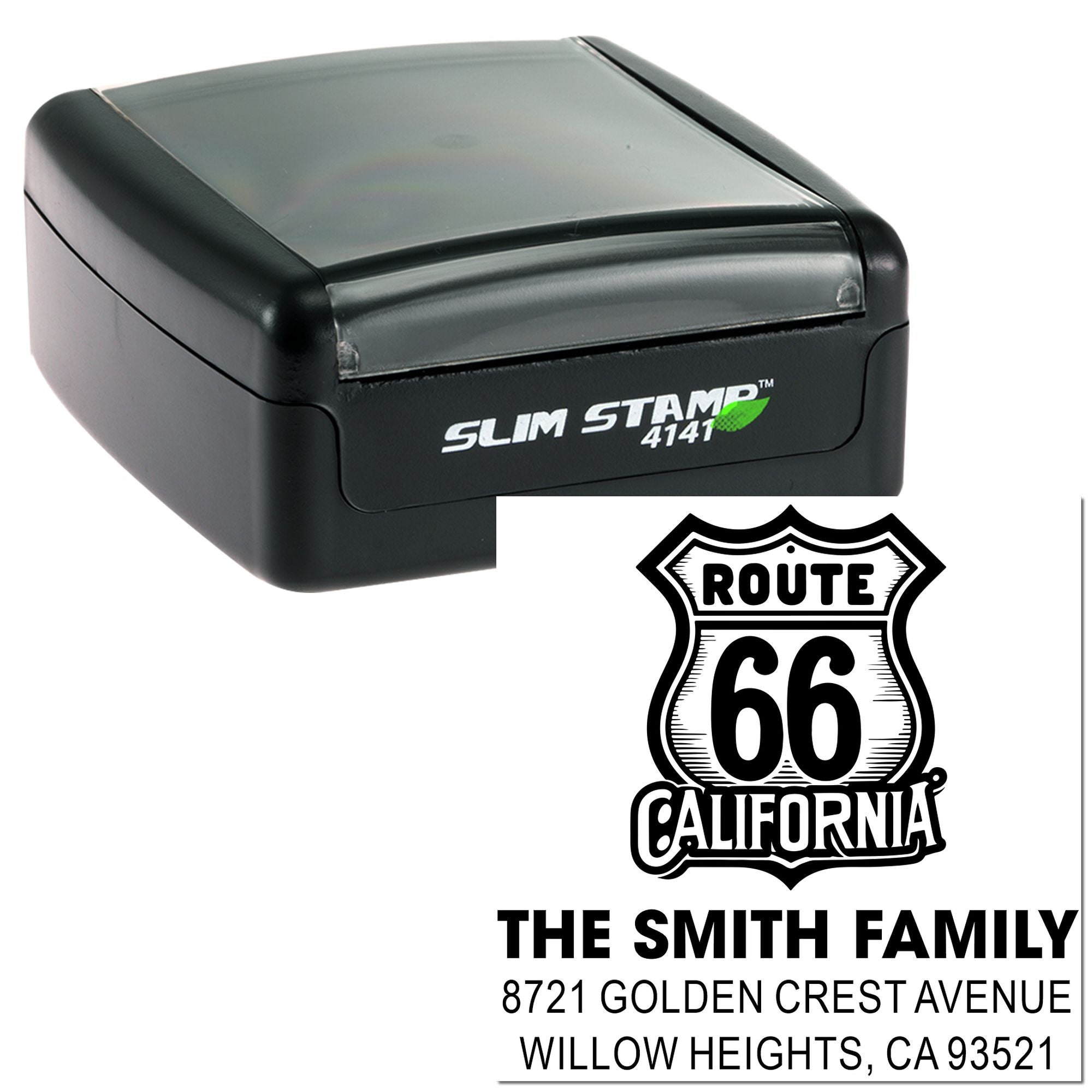 Custom self-inking rubber stamp with Route 66 California return address design for The Smith Family.