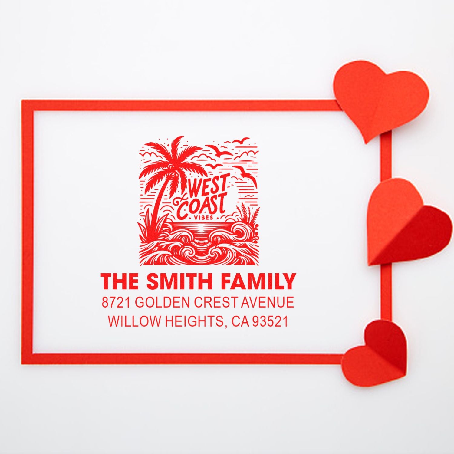 Custom return address rubber stamp for The Smith Family with West Coast design, ideal for wedding or stationery.