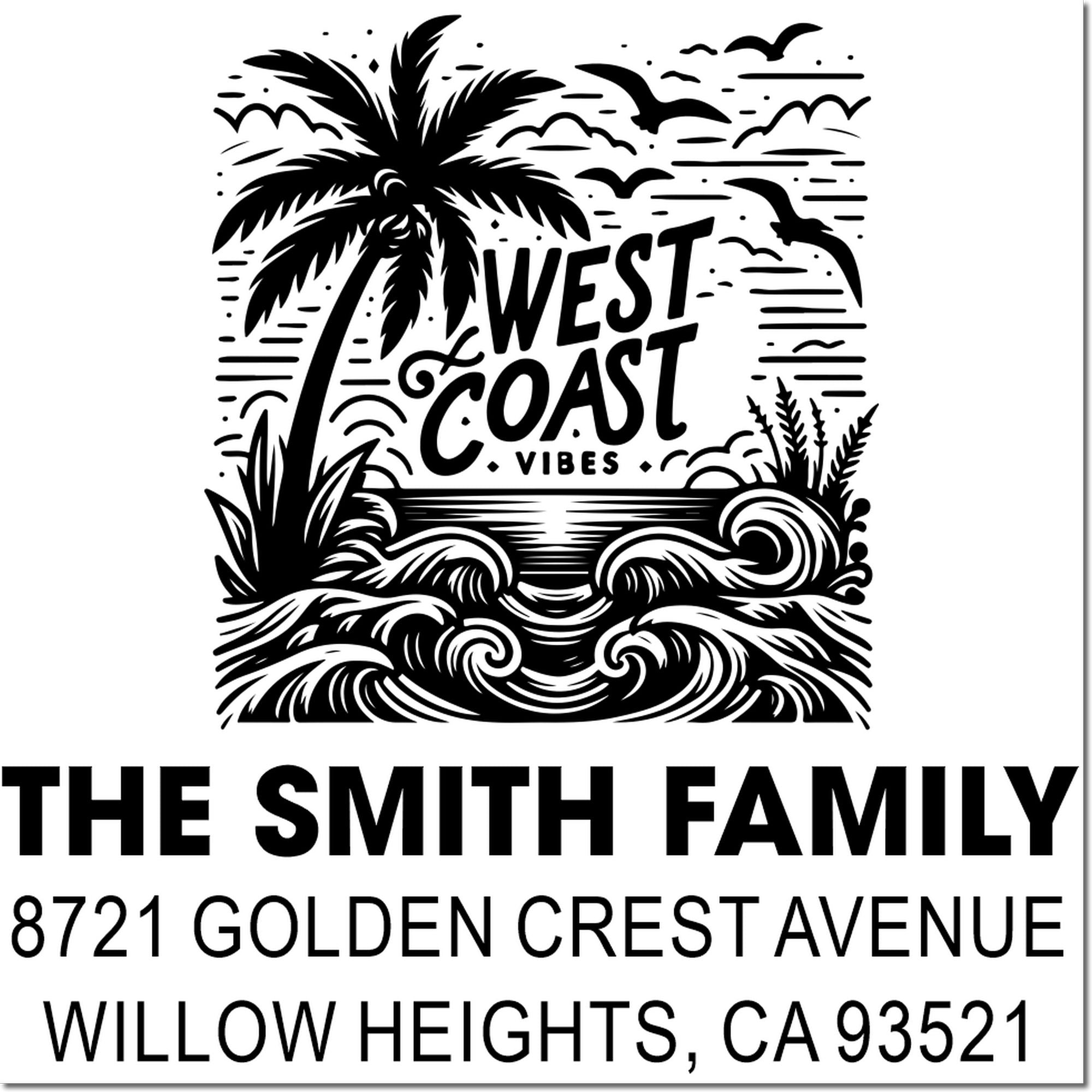 Custom coastal address rubber stamp for The Smith Family, featuring palm tree, waves, and Willow Heights, CA address.