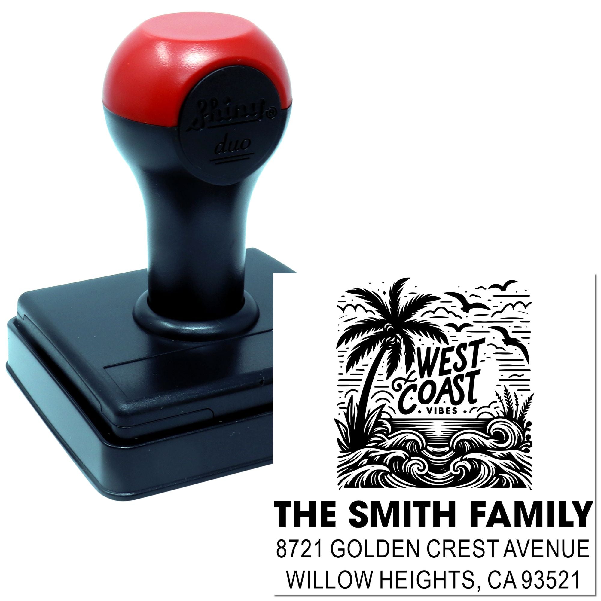 Custom self-inking rubber address stamp with West Coast Vibes design for family return address and mailings.