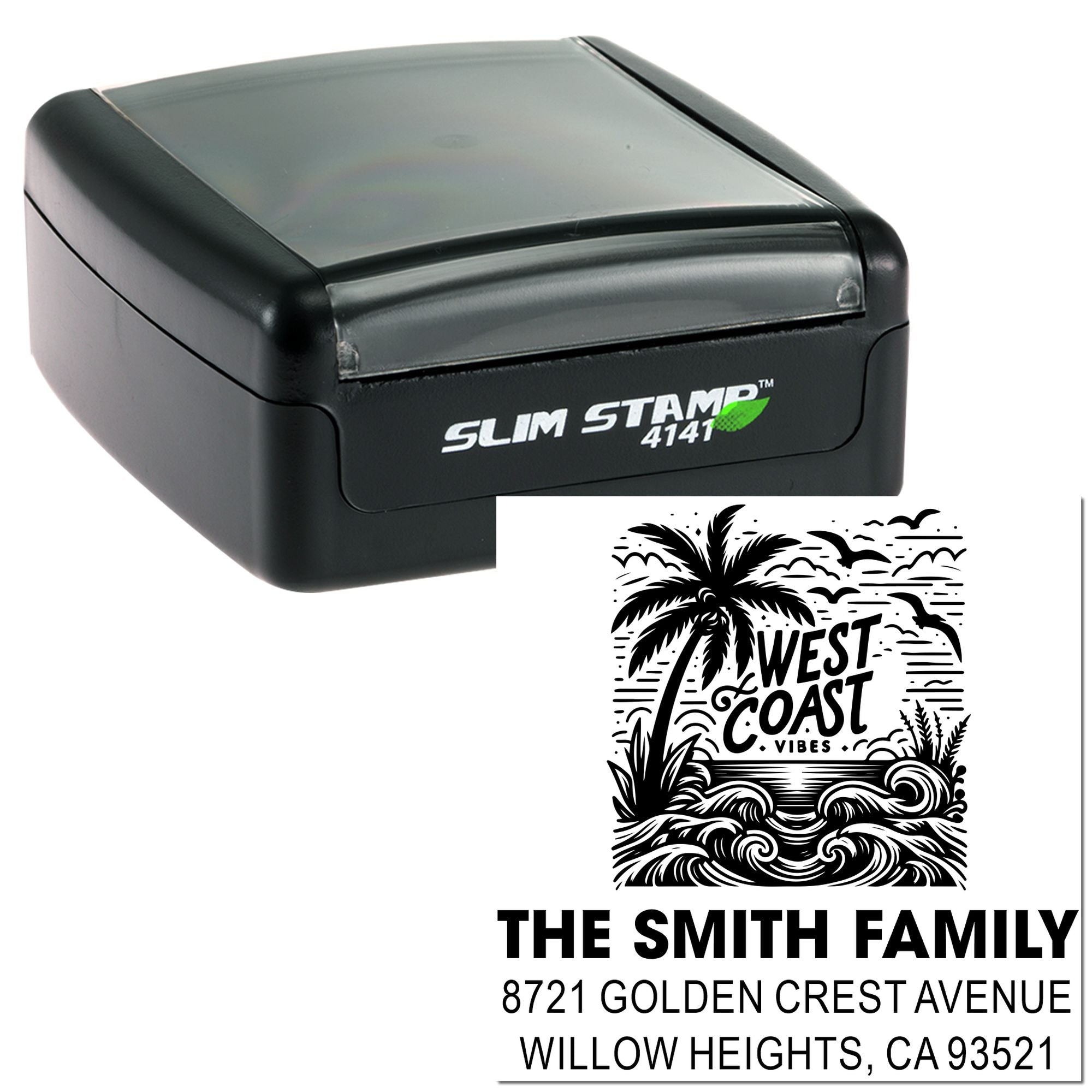 Slim custom rubber address stamp with West Coast Vibes beach design and The Smith Family return address.