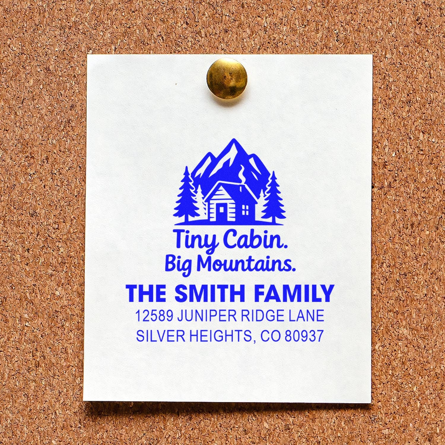 Custom return address rubber stamp with cabin and mountain logo for The Smith Family, Silver Heights, CO.