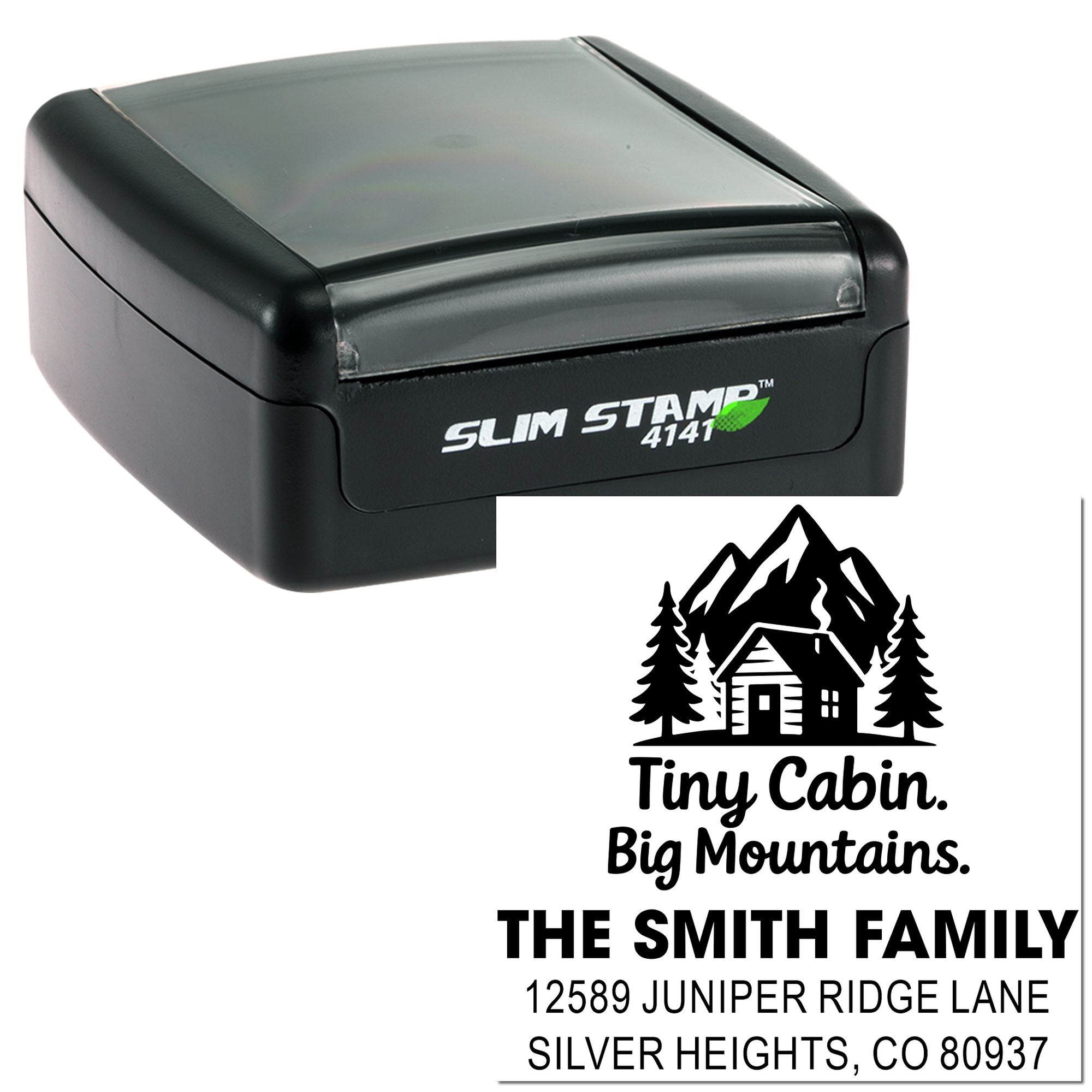 Personalized self-inking rubber address stamp with mountain cabin logo, family name, and mailing address.