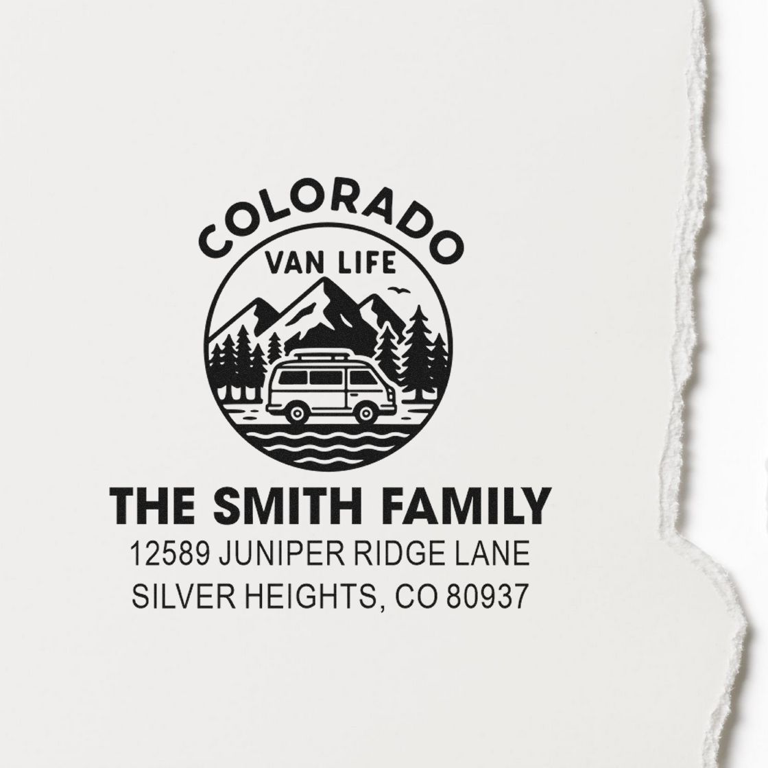 Custom Colorado van life rubber stamp for The Smith Family return address with mountain and camper van design
