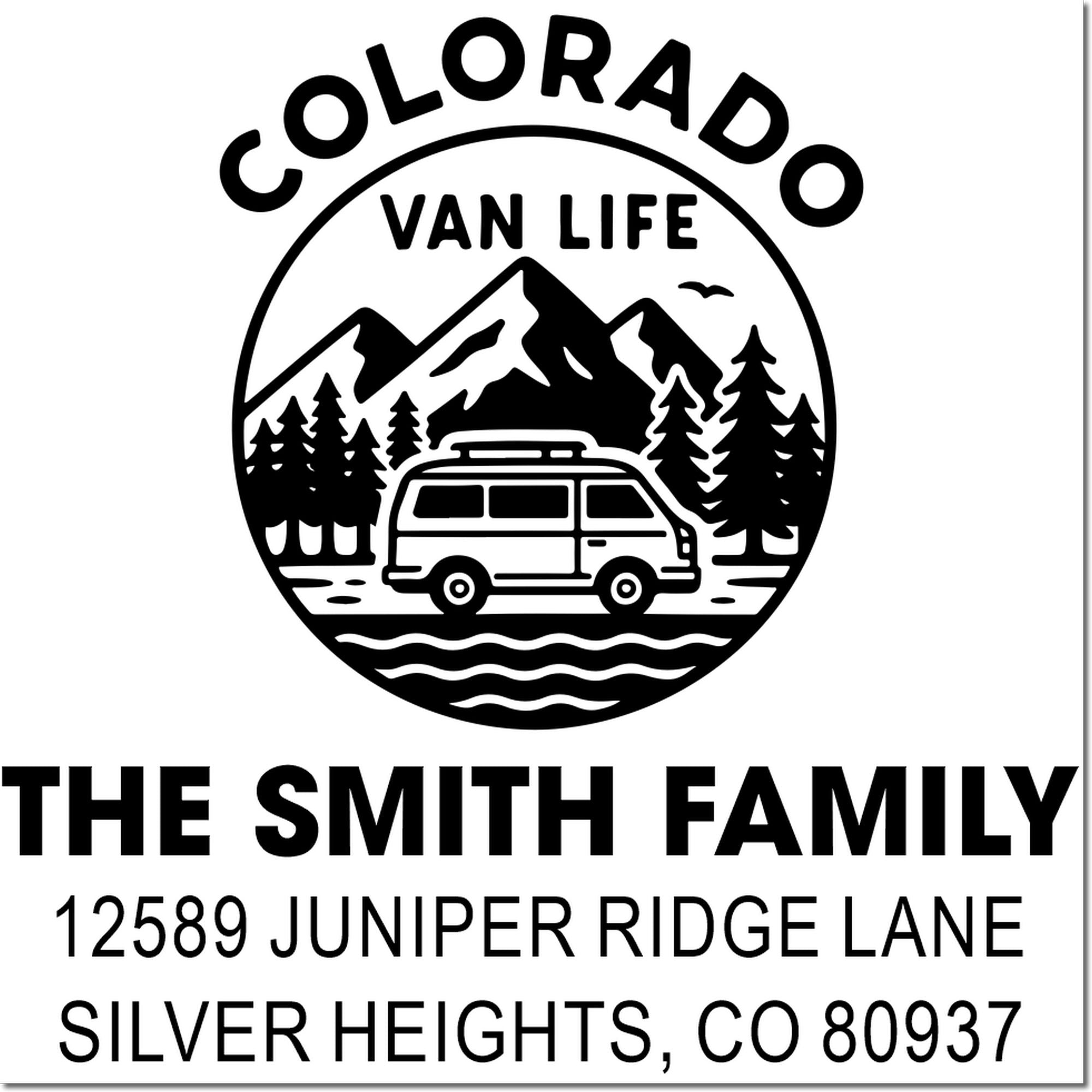 Custom Colorado van life address rubber stamp for The Smith Family with mountain scene and Silver Heights, CO return address.