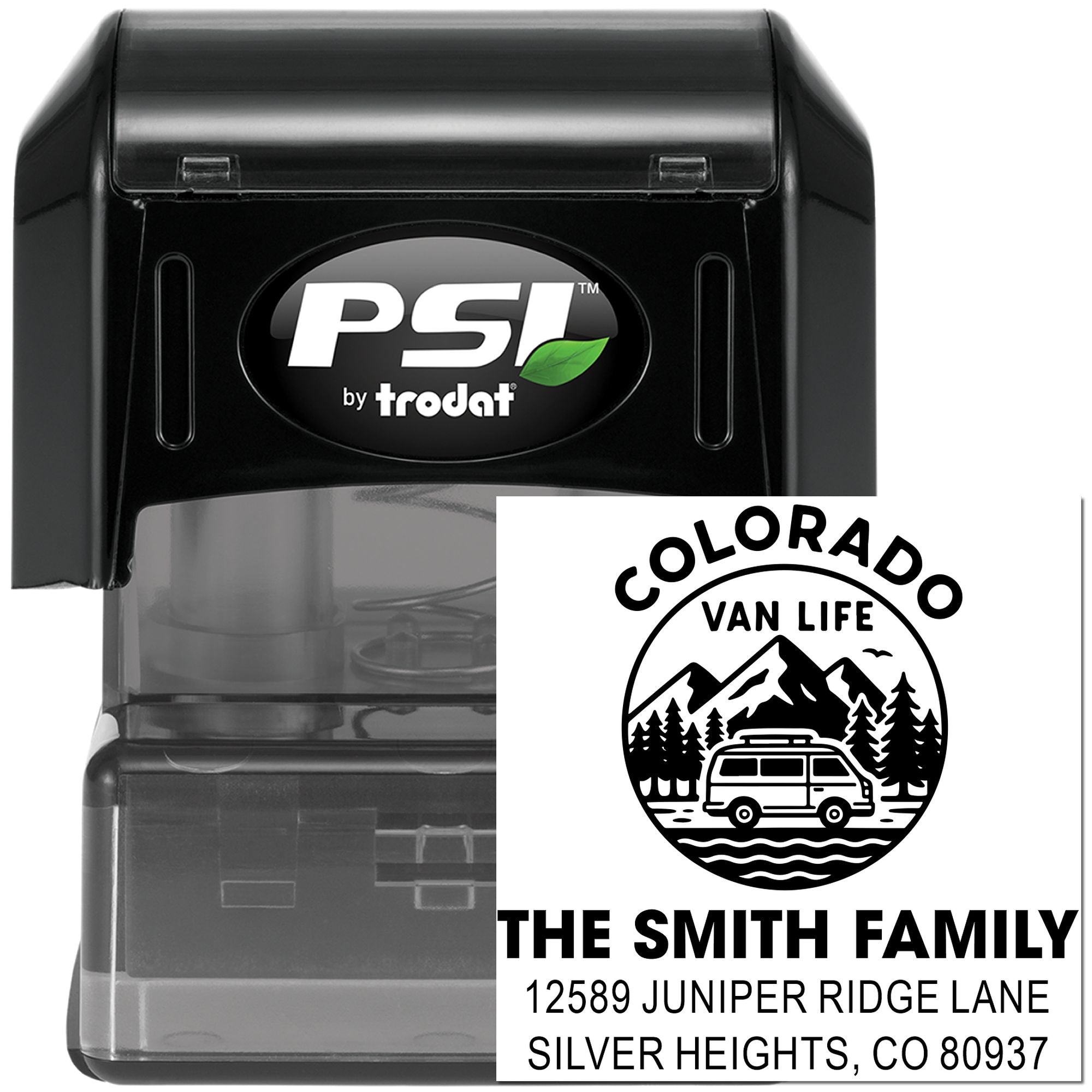 PSI by Trodat custom self-inking rubber address stamp with Colorado van life family design for personalized return addresses.