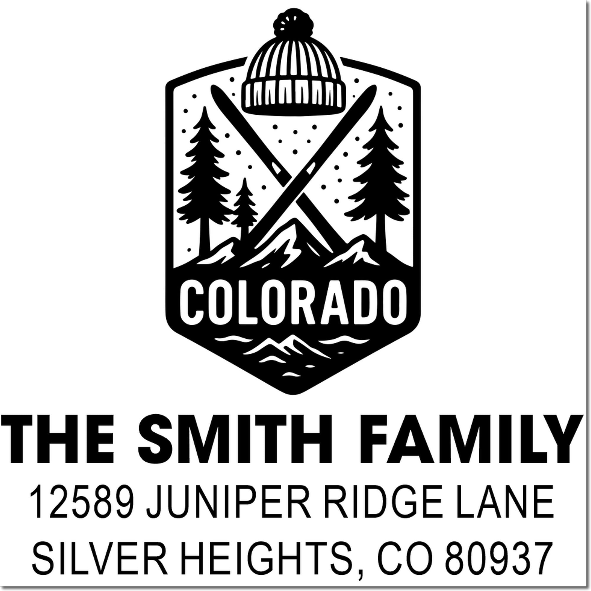 Personalized Colorado return address rubber stamp for The Smith Family, 12589 Juniper Ridge Lane, Silver Heights, CO 80937