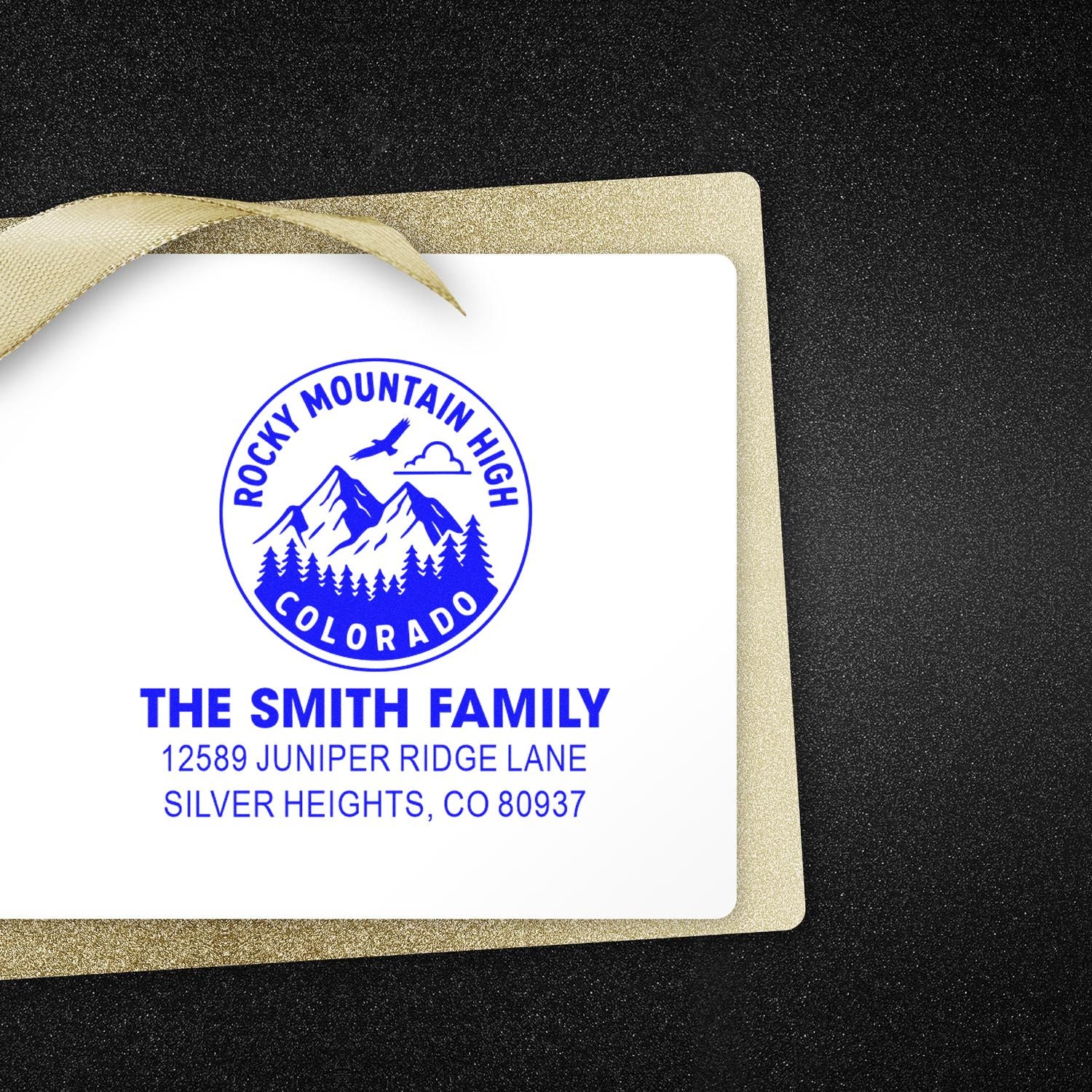 Custom return address rubber stamp with Rocky Mountain High Colorado design for The Smith Family.