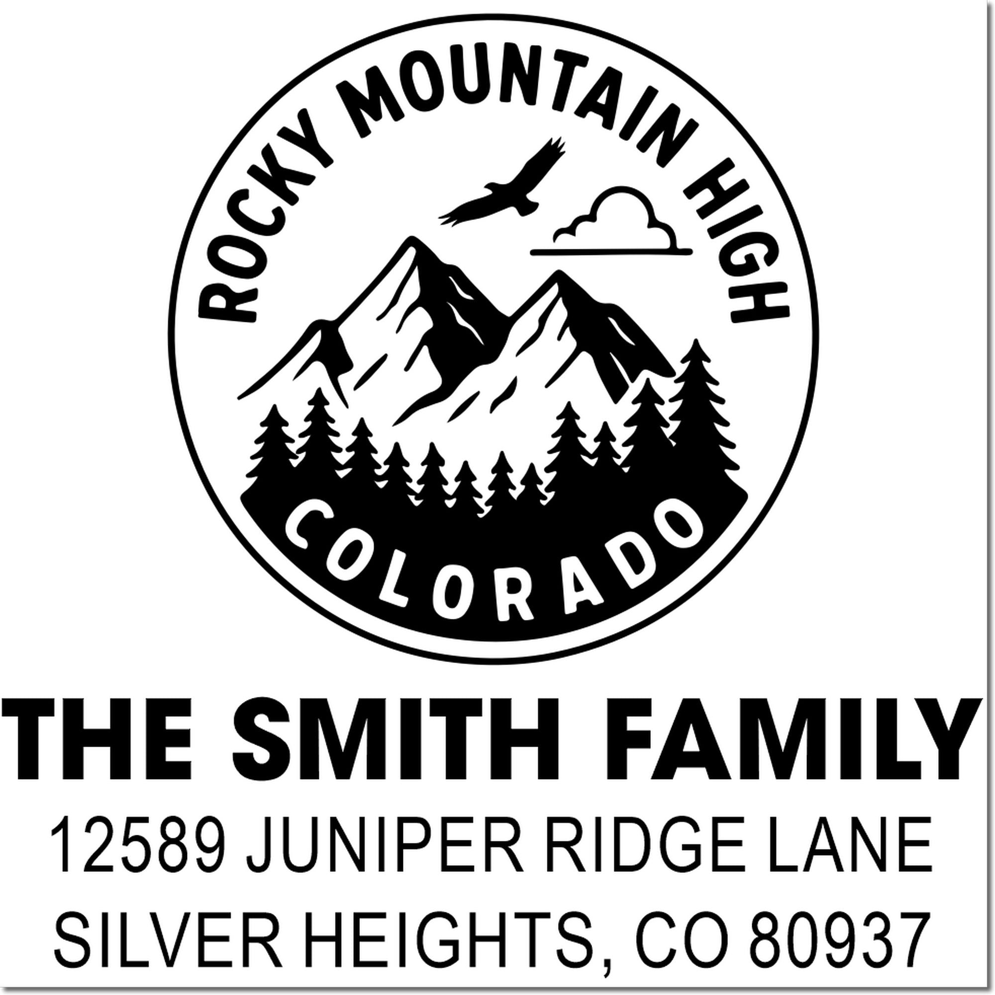 Custom Rocky Mountain High Colorado return address rubber stamp for The Smith Family, 12589 Juniper Ridge Lane, Silver Heights, CO 80937