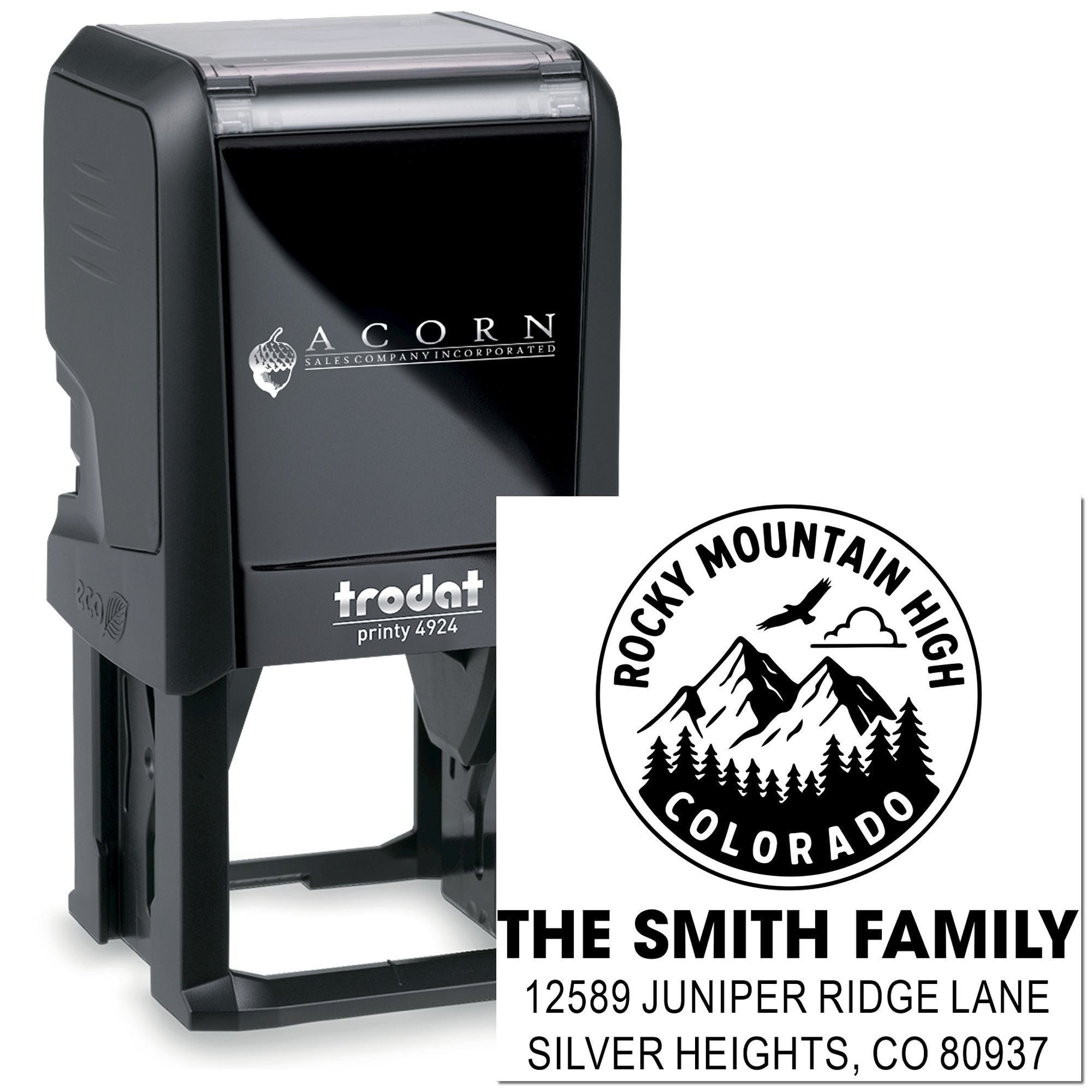 Custom self-inking rubber address stamp with Rocky Mountain High Colorado family return address design