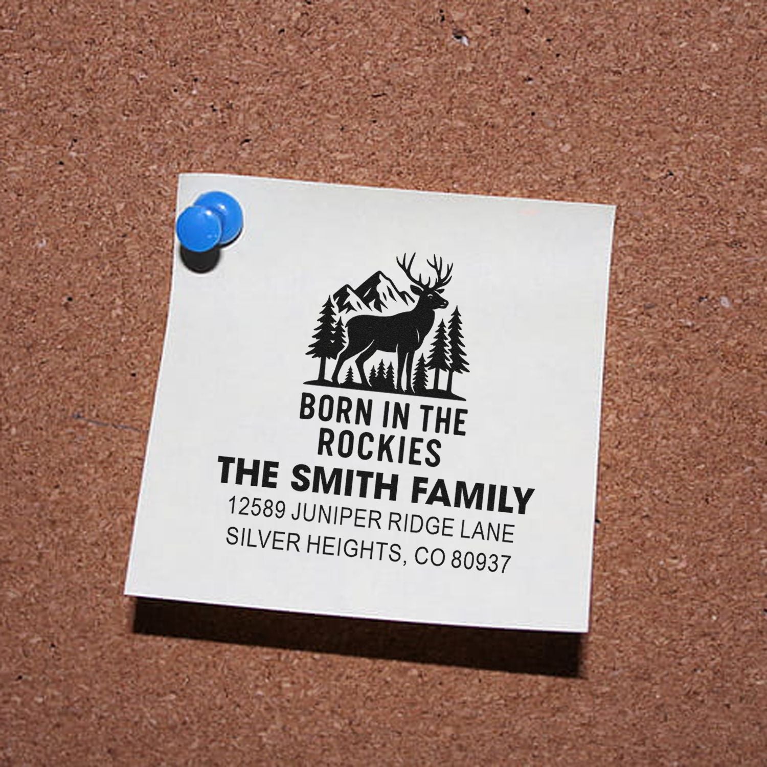 Personalized return address rubber stamp with deer and mountain design, reading Born in the Rockies, The Smith Family.