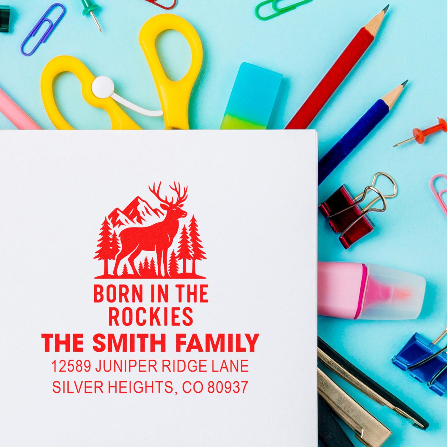 Custom rubber stamp with deer and Rockies design, personalized Smith Family return address stamp for mountain home mail.