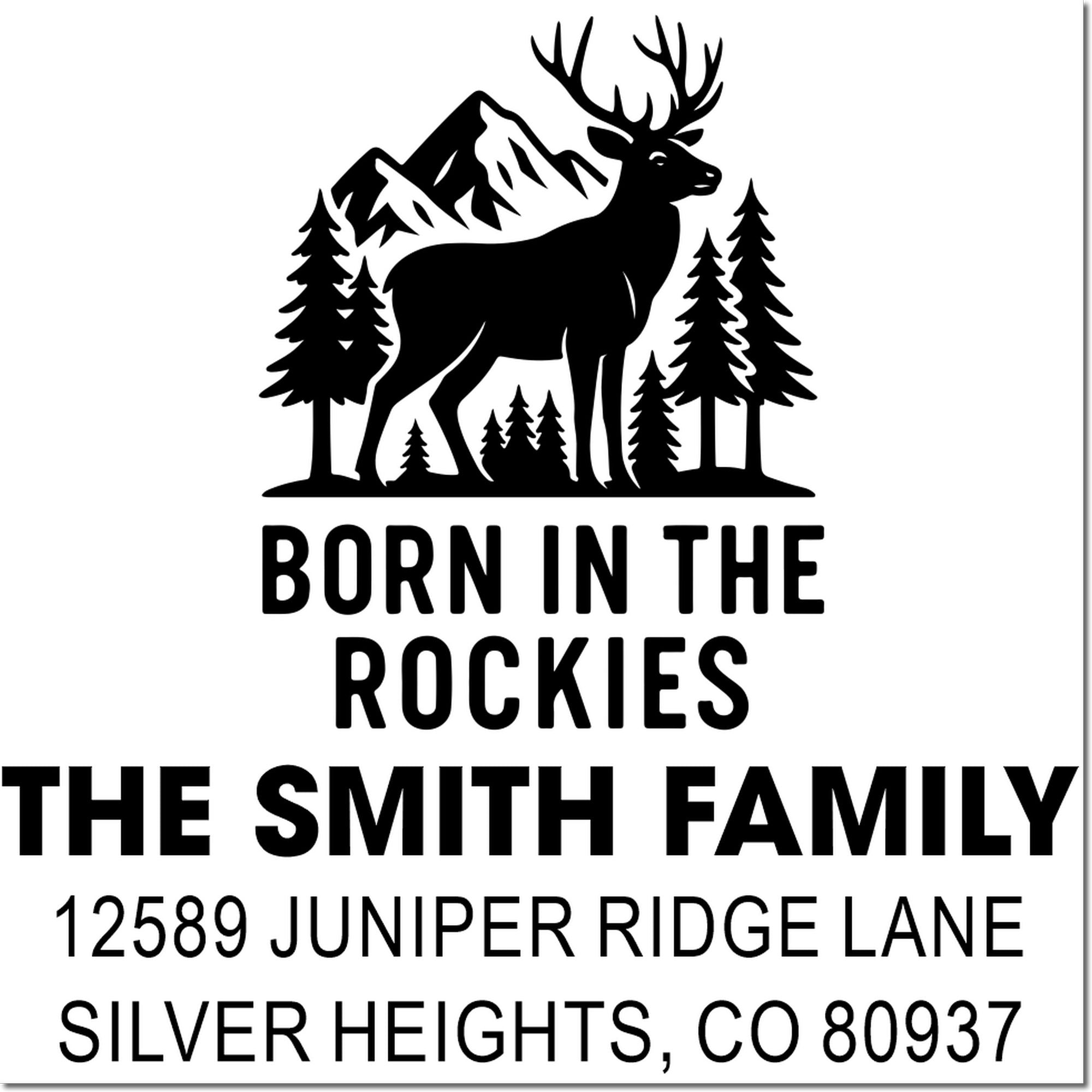 Custom rubber address stamp with elk and mountain logo, Born in the Rockies family name, and Silver Heights, CO address.