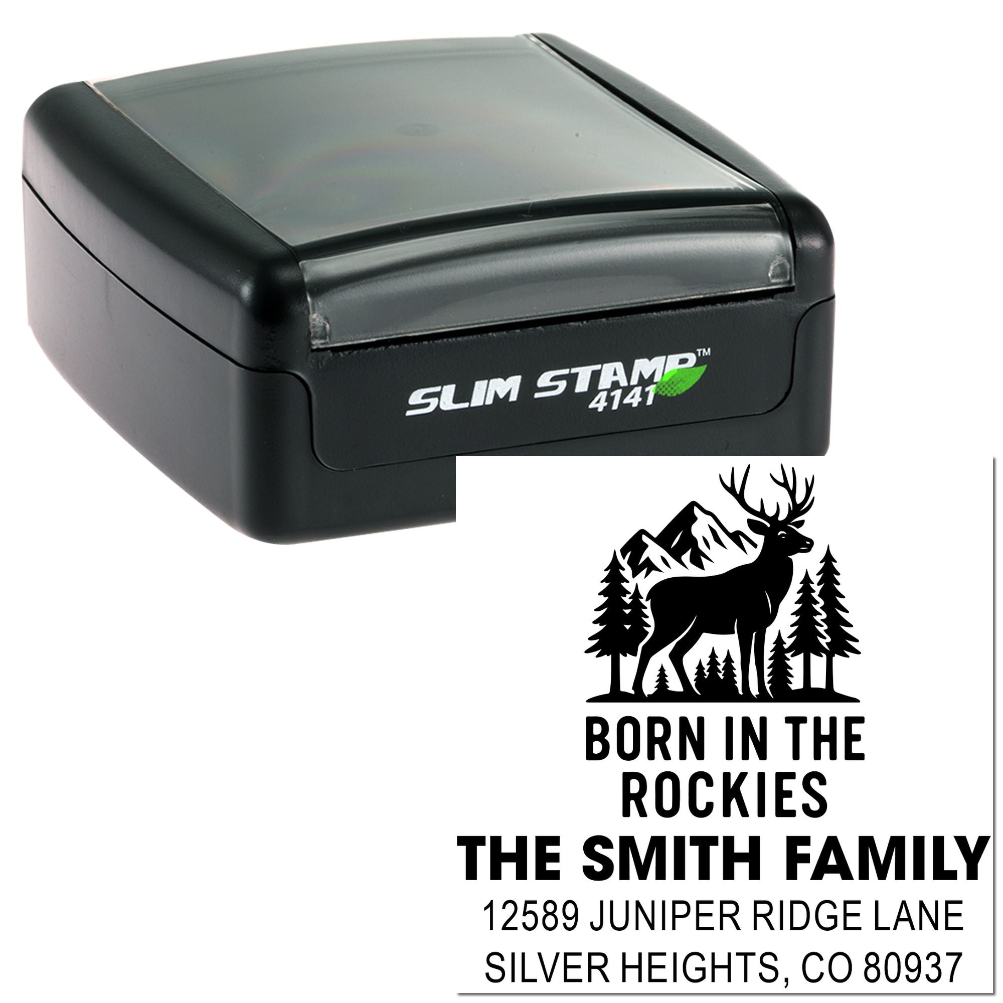 Custom self-inking rubber return address stamp with mountain deer design for The Smith Family, Silver Heights, CO.
