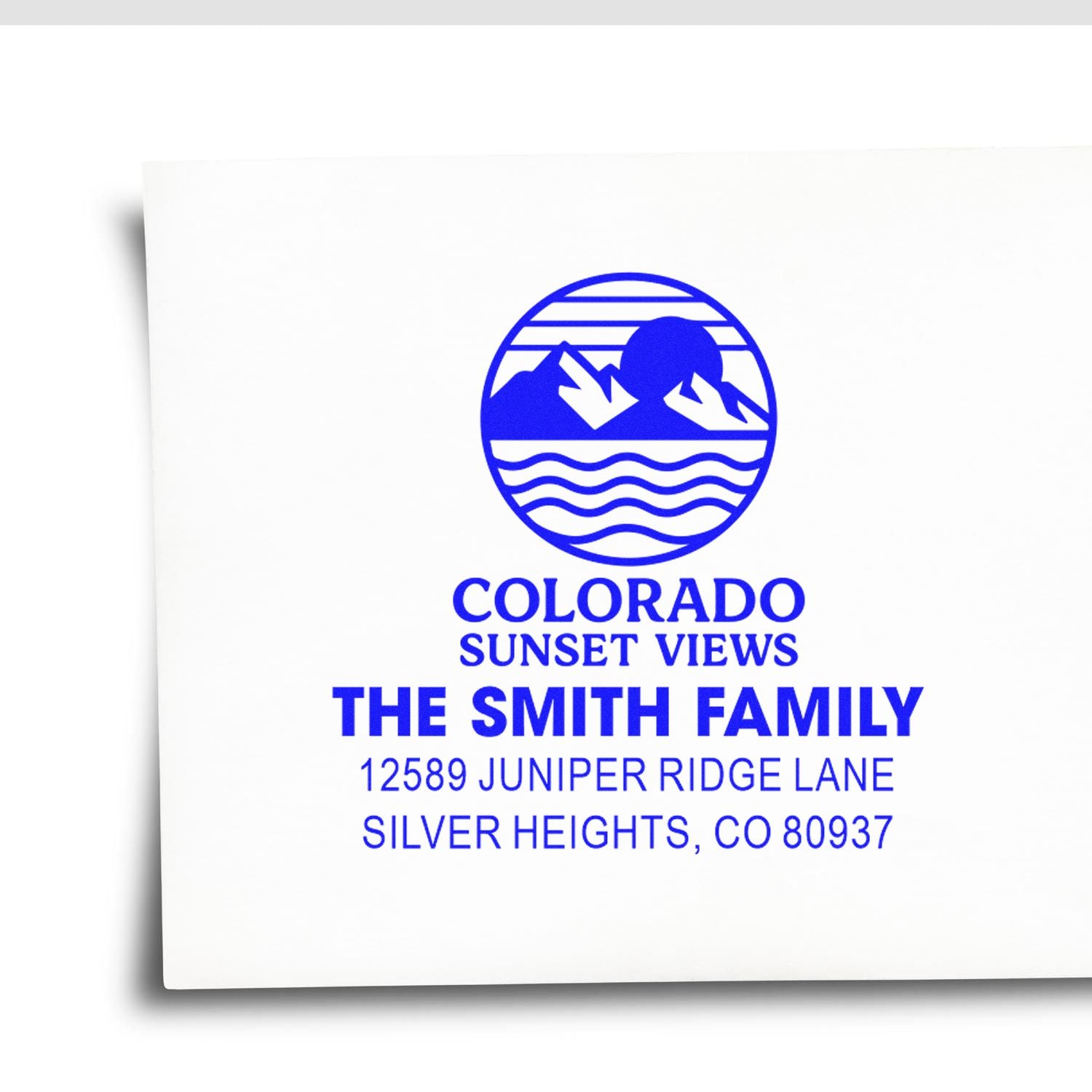 Custom family address rubber stamp with Colorado sunset logo, The Smith Family, Silver Heights, CO 80937
