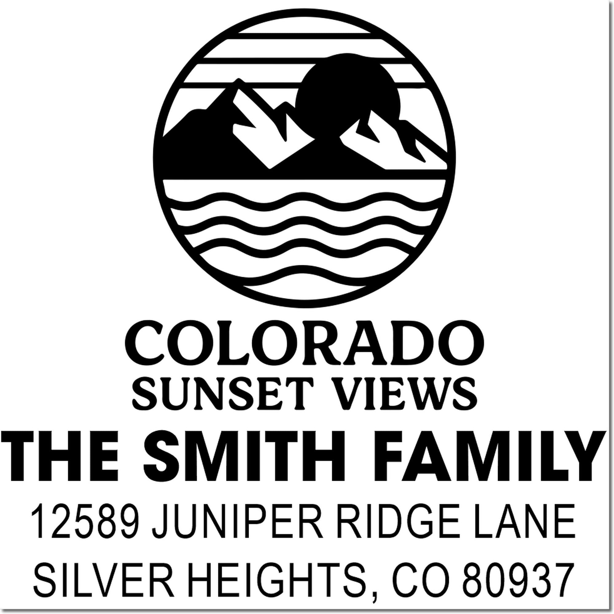 Custom Colorado family address rubber stamp for The Smith Family, 12589 Juniper Ridge Lane, Silver Heights, CO 80937.
