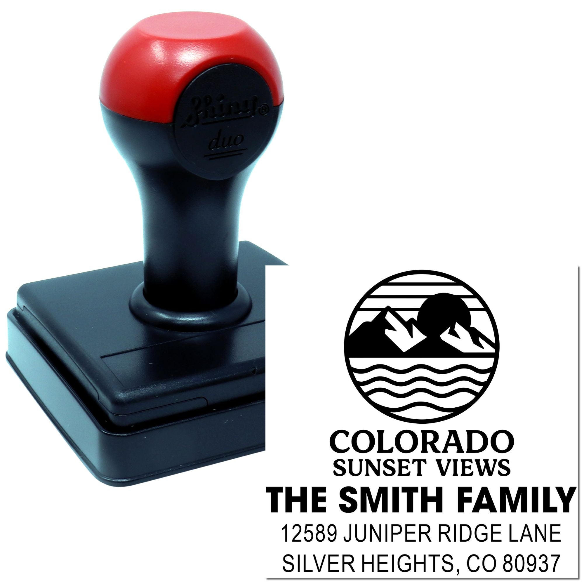 Personalized self-inking rubber address stamp for The Smith Family, Colorado Sunset Views, with custom return address imprint.