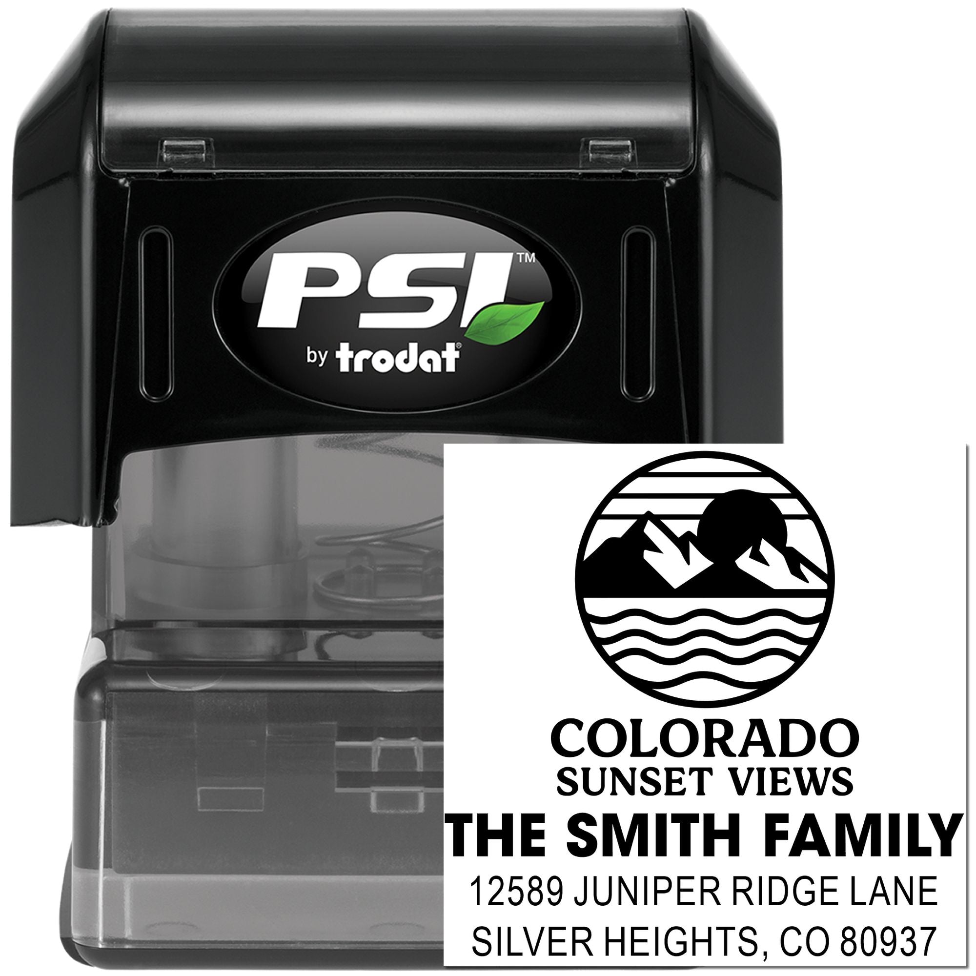 Custom self-inking rubber address stamp with Colorado Sunset Views design for The Smith Family, Silver Heights, CO.