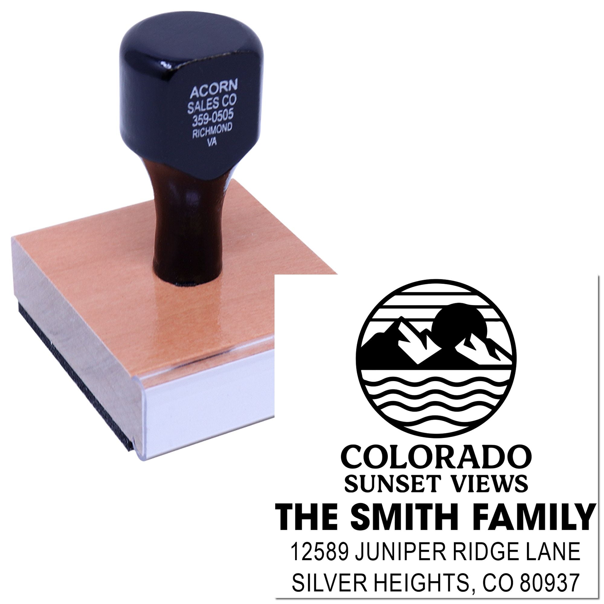 Custom return address rubber stamp for Colorado Sunset Views, The Smith Family, Silver Heights, CO 80937.