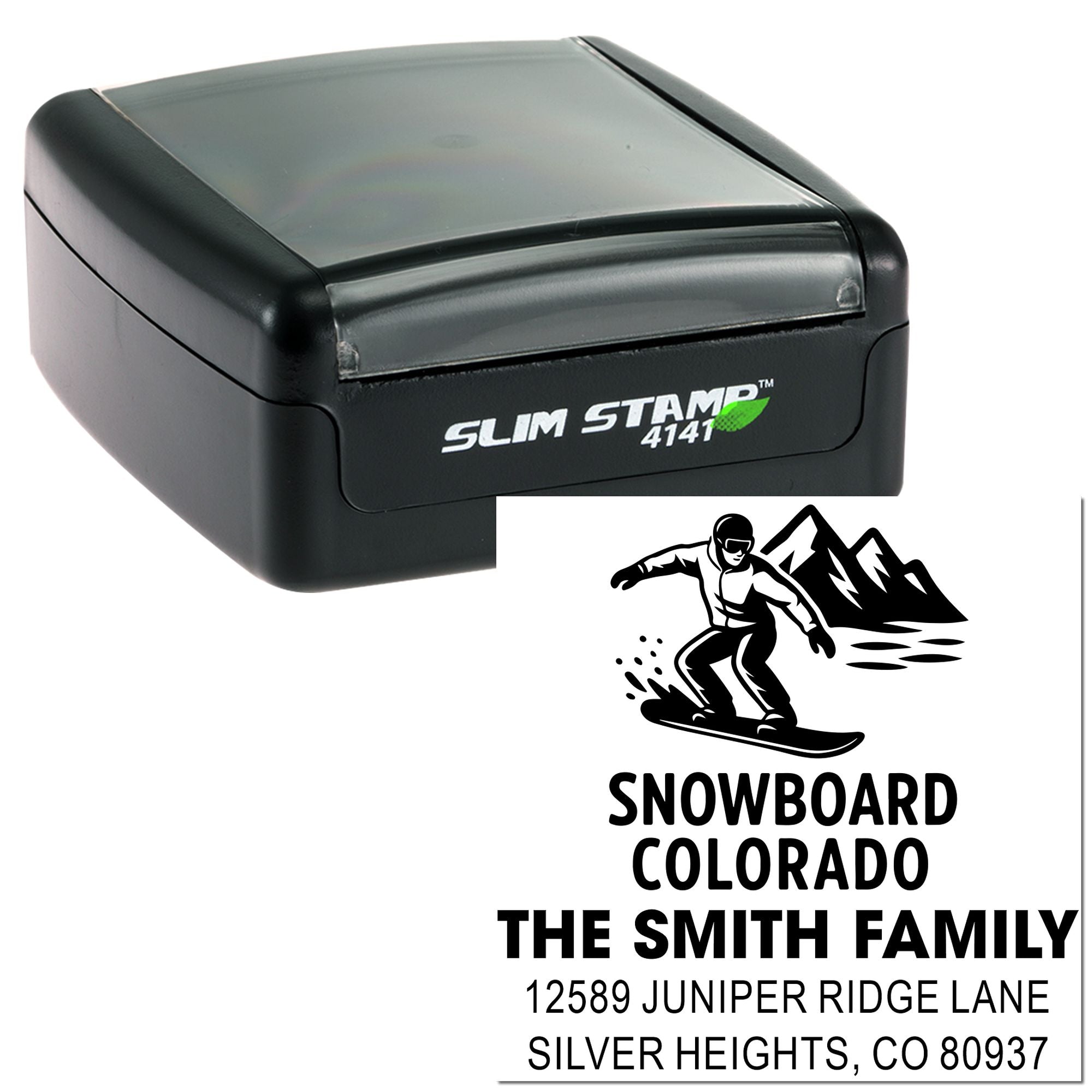 Custom self-inking rubber stamp with snowboard Colorado return address for The Smith Family