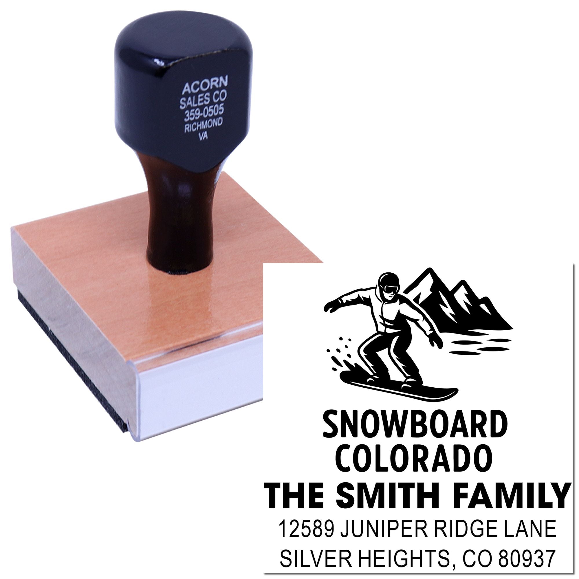 Custom snowboard return address rubber stamp for Colorado family mailing labels and personalized holiday envelopes.
