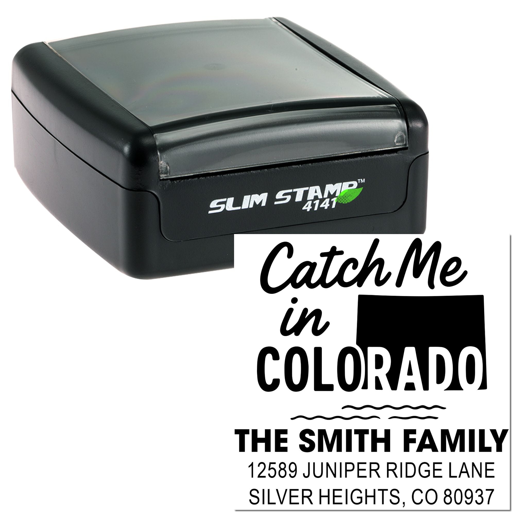 Custom self-inking rubber address stamp with Colorado return address design and Slim Stamp case