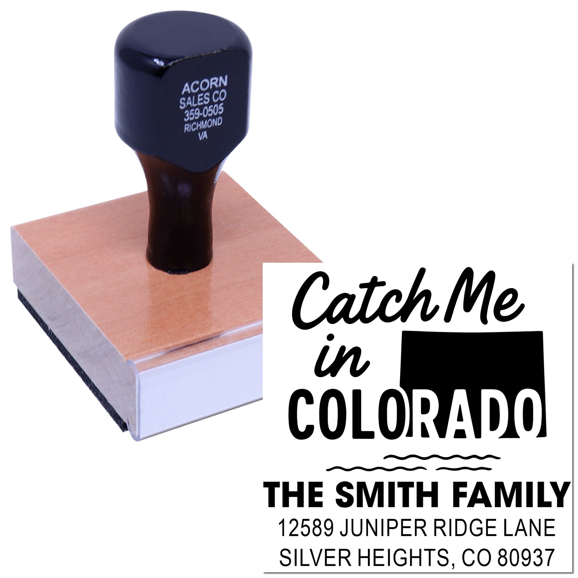 Custom rubber address stamp with Catch Me in Colorado family design for personalized return address imprint.