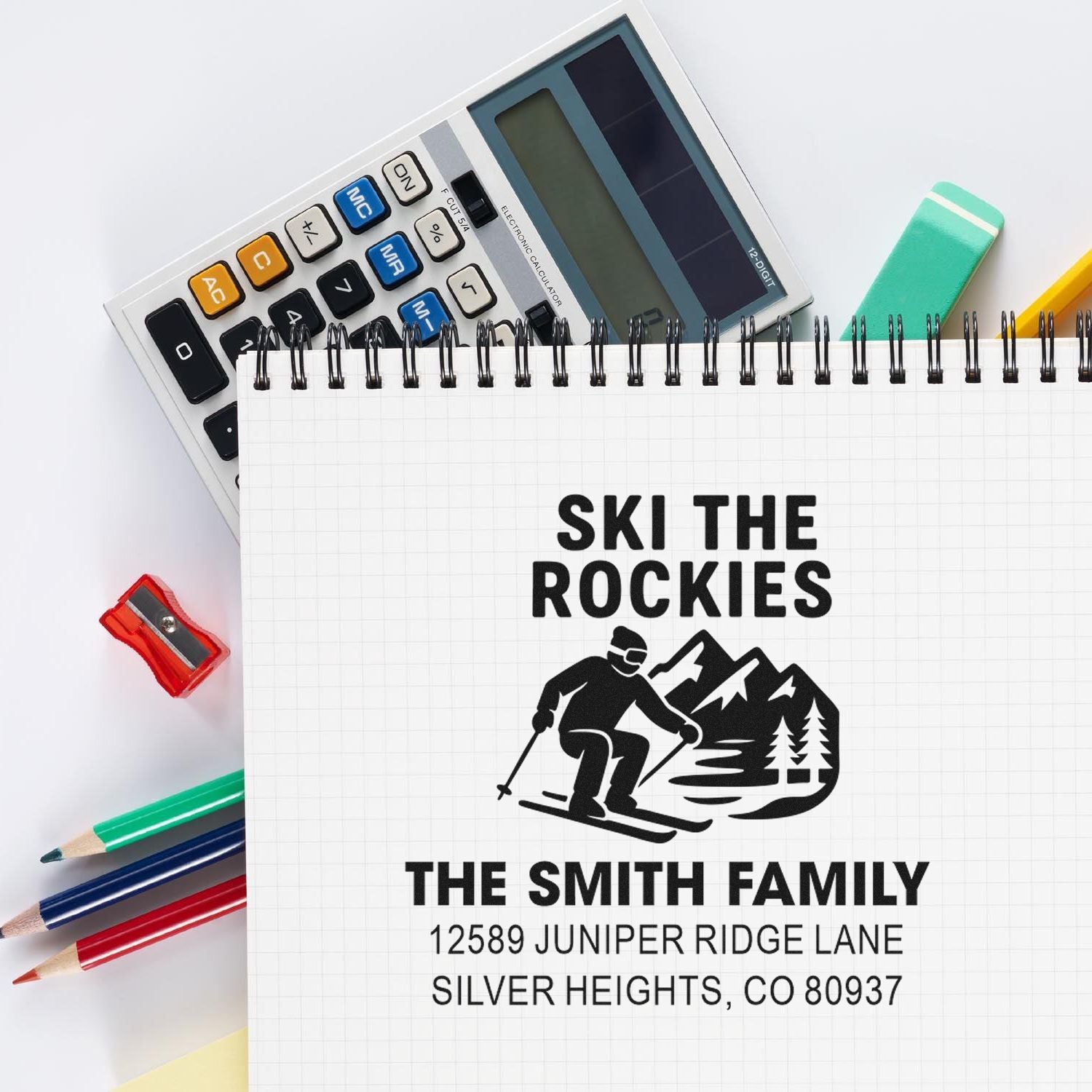 Custom ski-themed family address rubber stamp for personalized stationery and mailing labels.