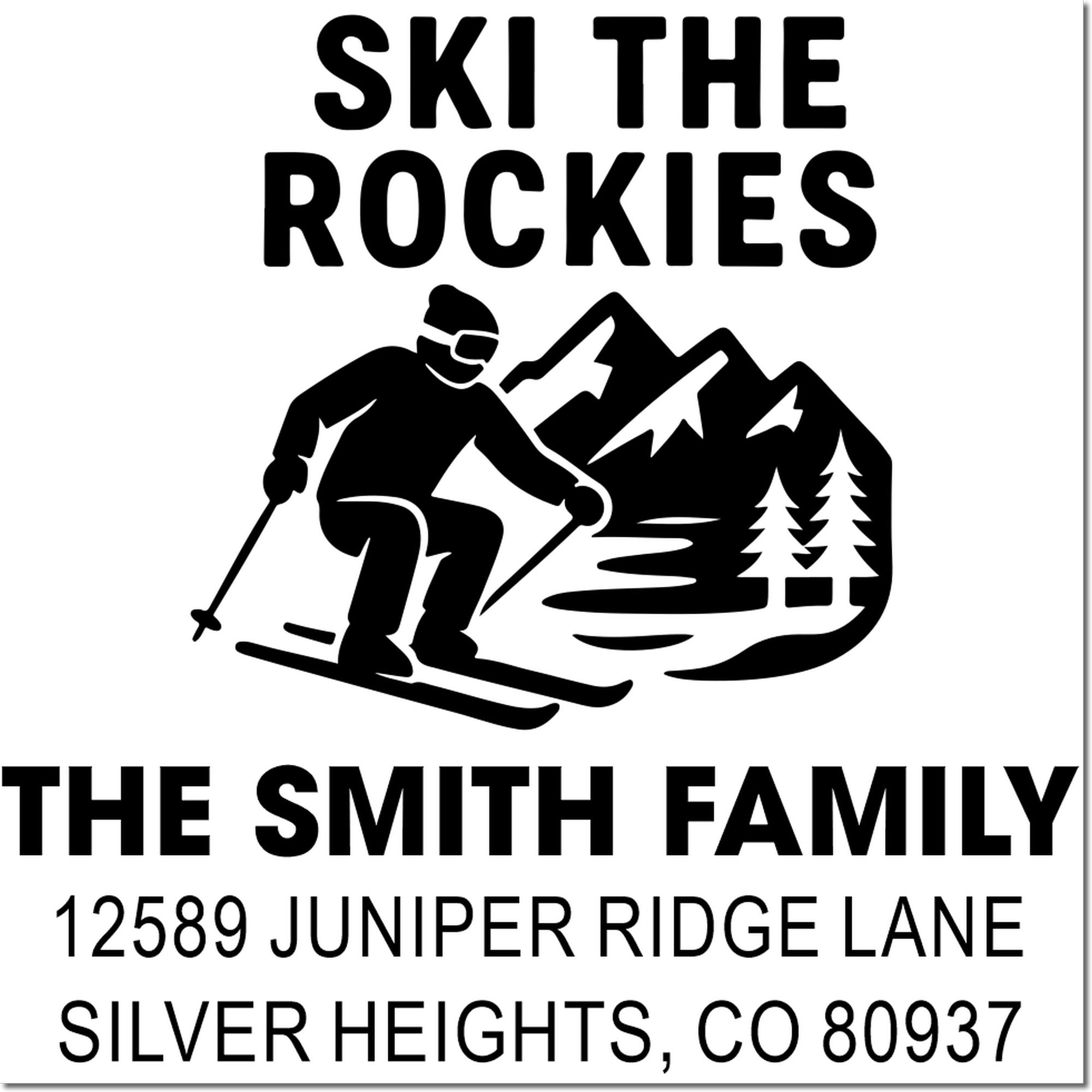 Custom Ski the Rockies family address rubber stamp with skier, mountain scene, and Silver Heights, CO 80937