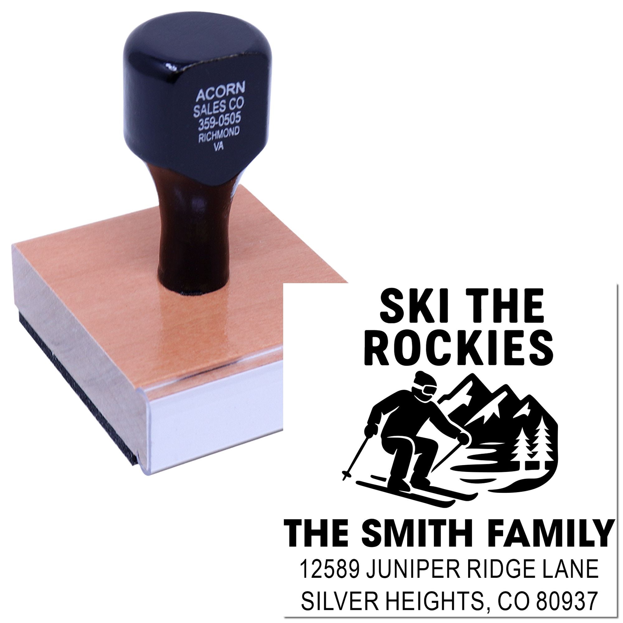 Personalized rubber stamp with skier logo for The Smith Family, featuring Ski the Rockies and custom address.