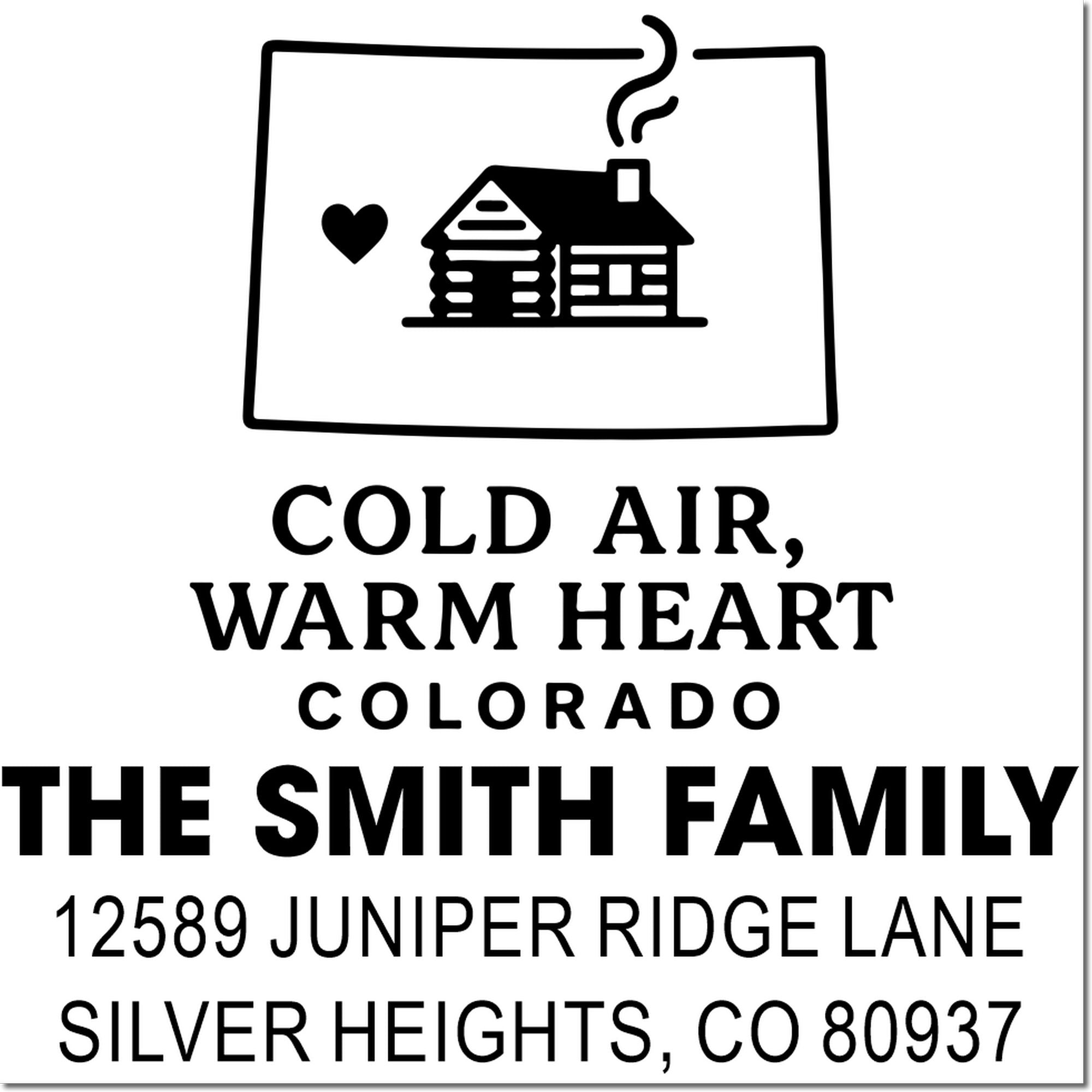 Custom Colorado return address rubber stamp for The Smith Family, 12589 Juniper Ridge Lane, Silver Heights, CO 80937.