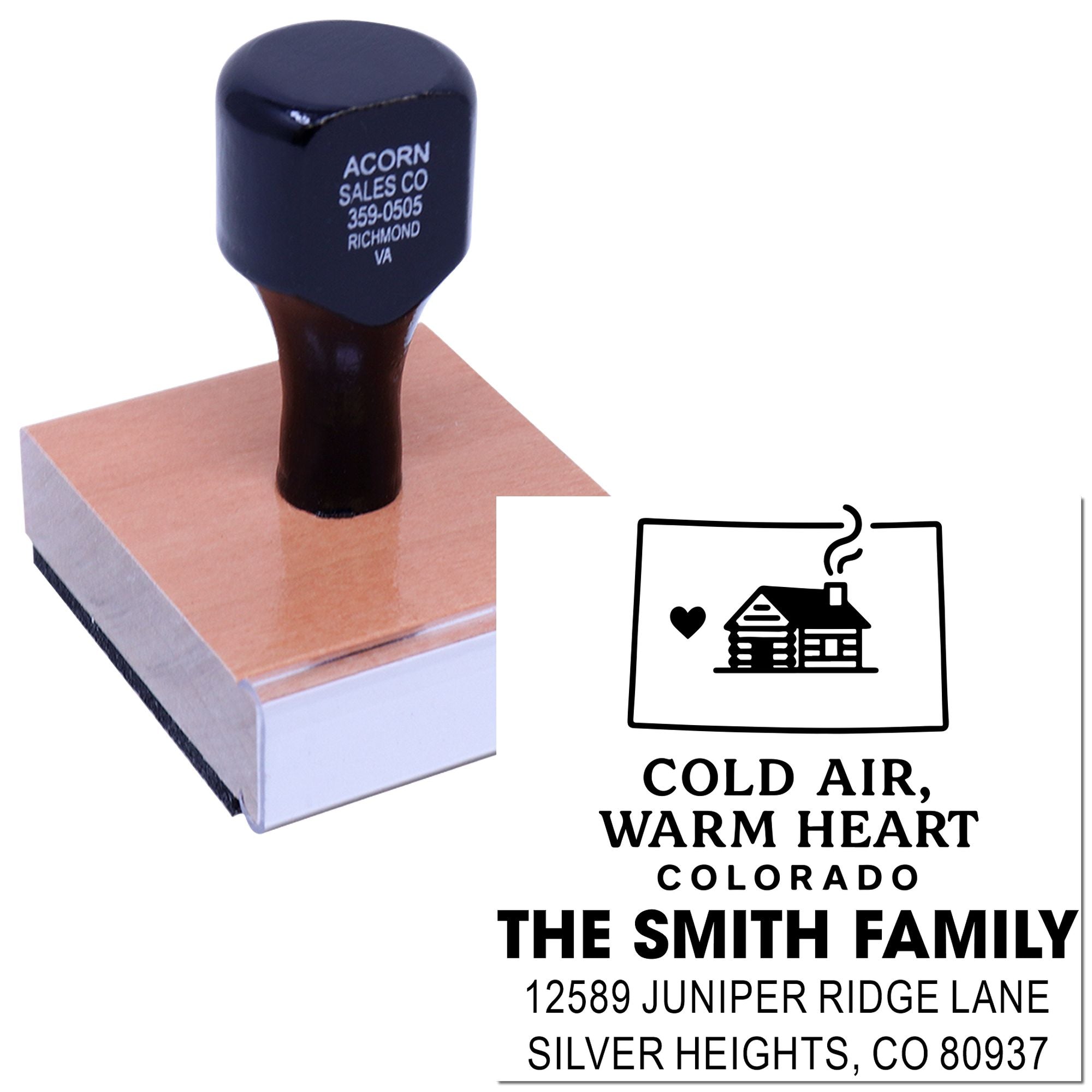 Custom return address rubber stamp with house icon and Cold Air, Warm Heart Colorado family design.