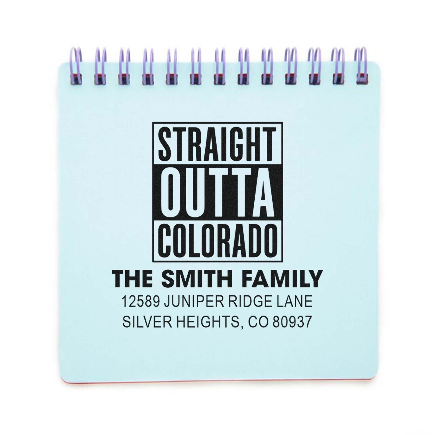 Custom address stamp design with Straight Outta Colorado and The Smith Family, Silver Heights, CO.