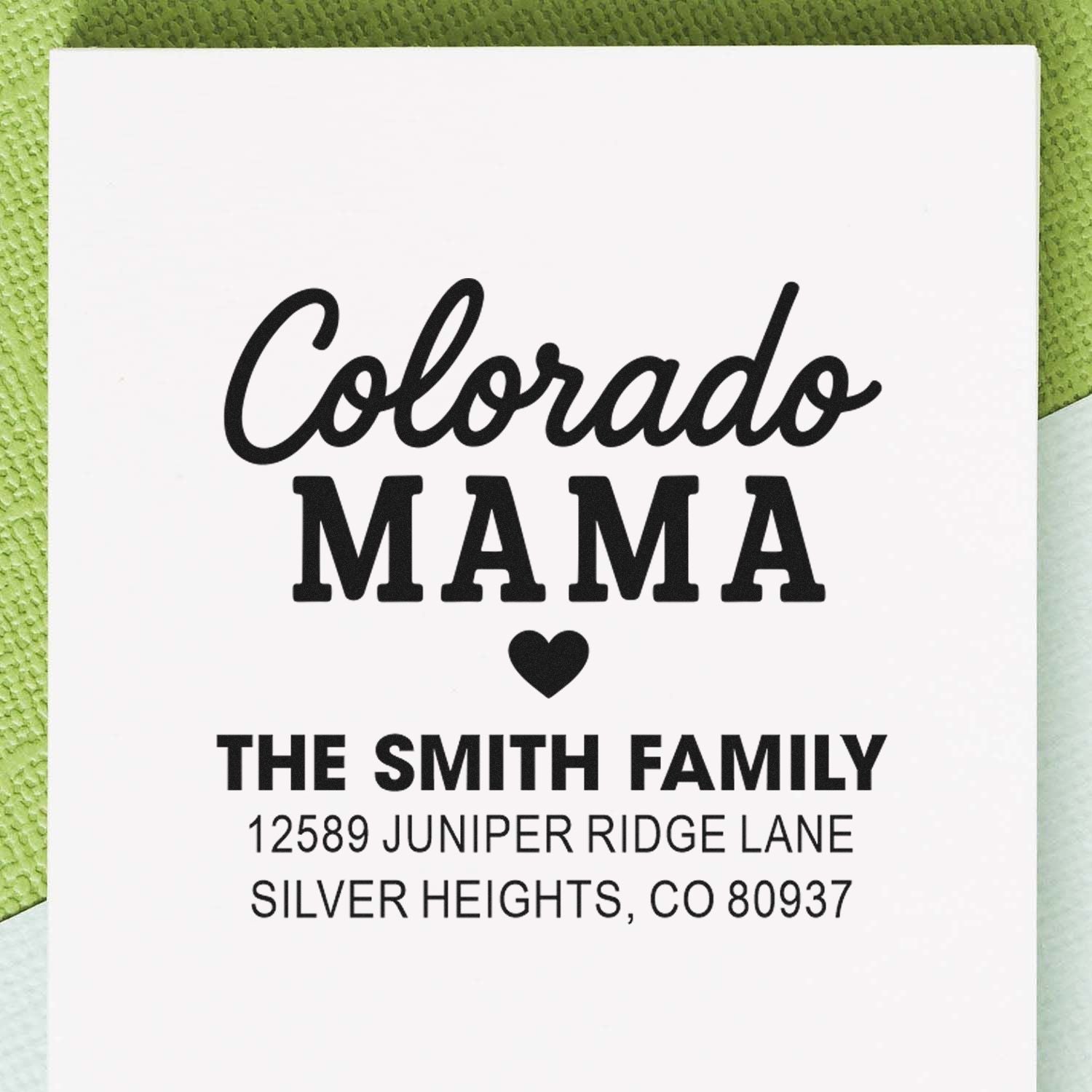 Custom Colorado Mama return address rubber stamp for The Smith Family, featuring name and Silver Heights, CO address.